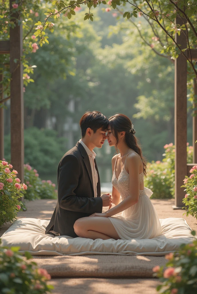 Korean Garden Woman Wearing Short Dress Above Knee Sitting Over Boyfriend In Groom Dress On Mattress