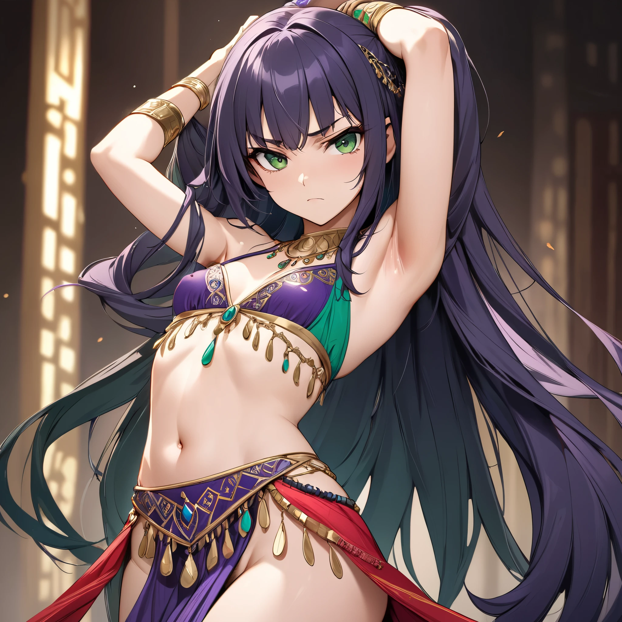 1girl, belly dancer, white background, red eyes, long hair, purple hair, harem outfit, bikini, pelvic curtain, purple costume, circlet, earrings, armlets, bracelets, bashful smile, dancing, large breasts, cleavage, soft stomach