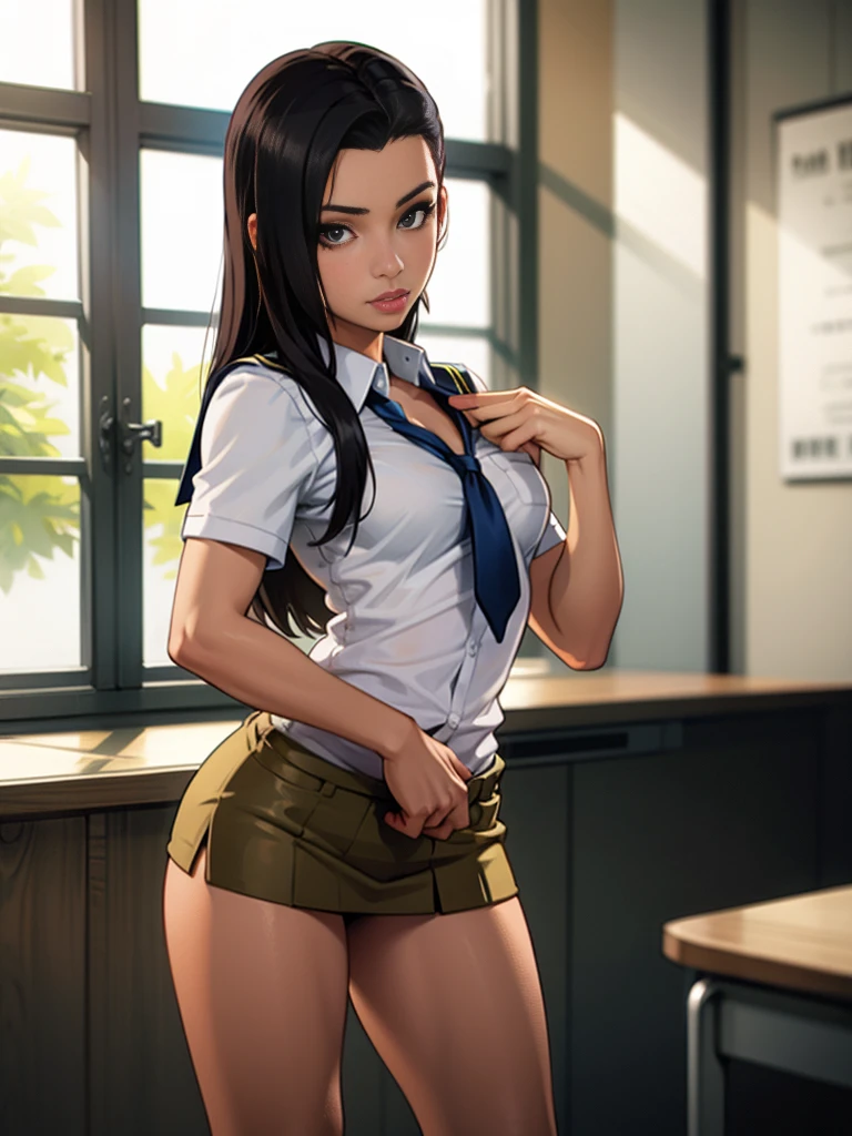 PERFECT MASTERPIECE, EXTREMELY DETAILED CG UNITY 32K UHD QUALITY RESOLUTION, RAW PHOTO, PHOTOREALISTIC, AWARD-WINNING PORTRAIT, OFFICIAL ART, PROFESSIONAL CINEMATIC LIGHTING, PROFESSIONAL FILM QUALITY, The most beautiful and sexy school ebony girl, long brown hair in a ponytail, vibrant blue eyes, long detailed eyelashes, blushing, full smiling pink lips, cleavage showing, wearing a school ebony girl uniform and school ebony girl skirt, white panties showing, standing in a sexy seductive slutty pose arching her back, looking at the viewer, sexy seductive slutty facial expression, school campus background