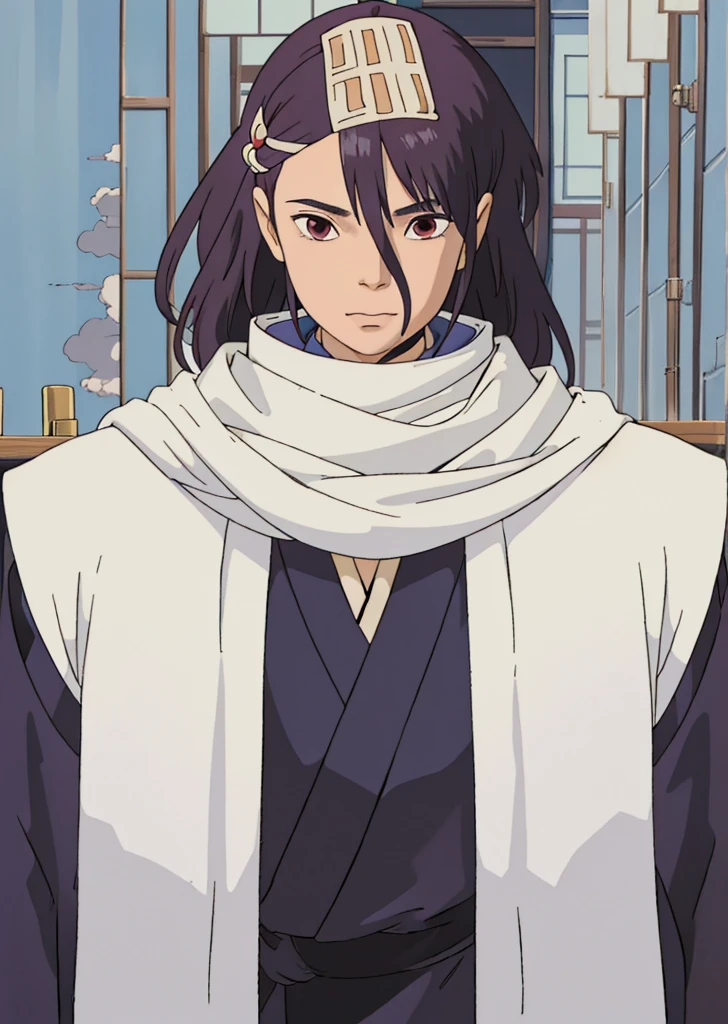 a close up of a person with a scarf on and a scarf around his neck, akiyuki shinbou, shuushuu anime image, hijikata toushirou, inspired by Sugimura Jihei, shikanosuke yagaki, inspired by Okumura Masanobu, flowing hair and long robes, taisho romanghibli style, ((masterpiece)),((best quality)),(detailed),Illustration,8k,colorful, high contrast