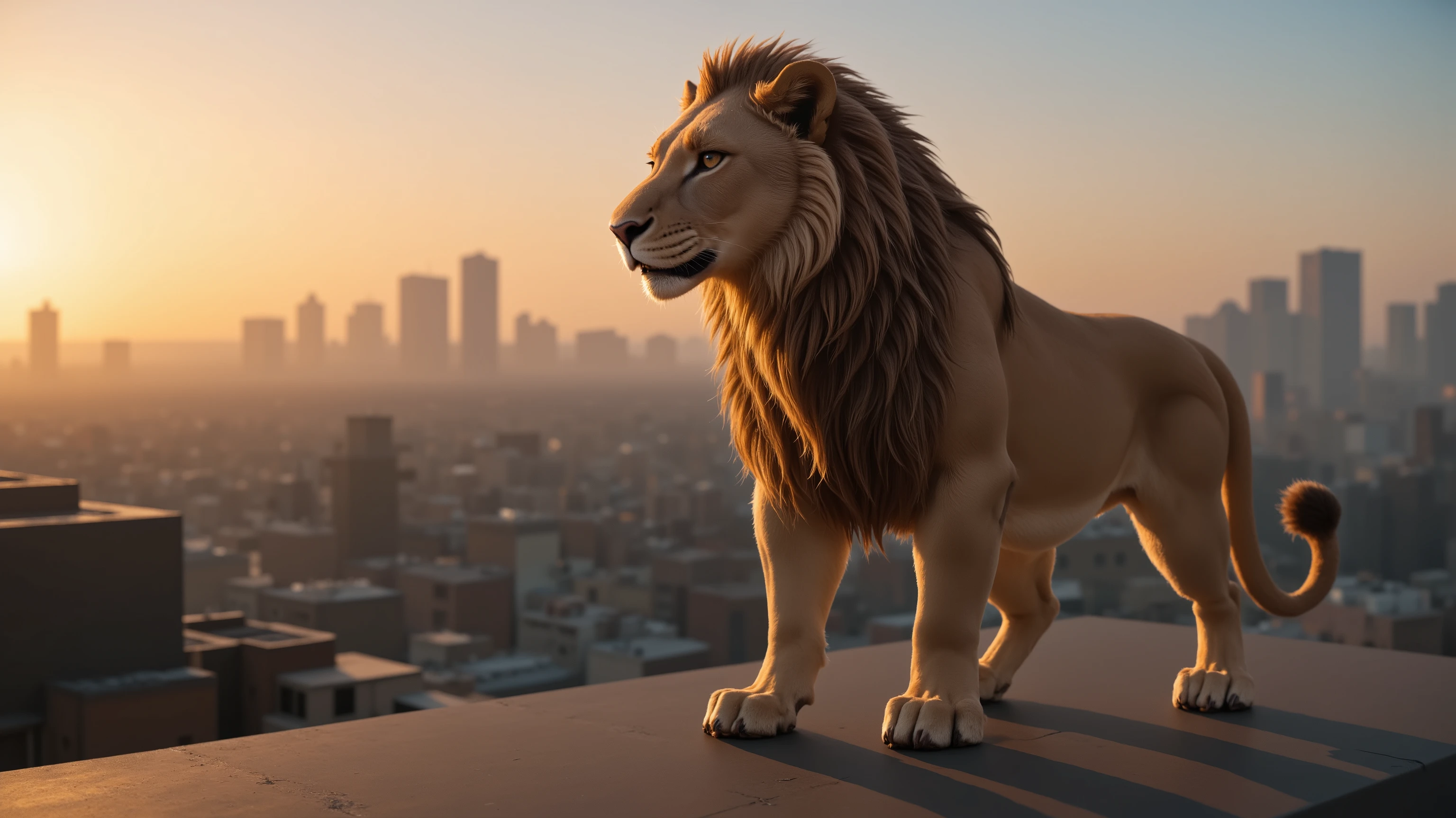 In a stunning UHD image, a masterpiece of cinematic art, we find ourselves on a rooftop high, bathed in the warm glow of sunrise. The cityscape stretches out before us, a majestic metropolis hums with life. Amidst this urban sprawl, an award-winning illustration unfolds, capturing the essence of The Empress and the Pawn. We see the titular Empress, a fierce lioness, her eyes ablaze with passion and intensity, gazing out upon the city she has claimed as her own domain.
In the foreground, the pawn, our protagonist, stands hidden in the shadows, their scent carried on the morning breeze. The Empress's piercing gaze seems to bore into their very soul, as if sensing their presence, her huntress heart beating with anticipation.
The 16K resolution and ray tracing capabilities bring this breathtaking scene to life, every detail meticulously rendered. The sun rises higher in the sky, casting a golden glow upon the rooftop, highlighting the Empress's regal presence and the pawn's subtle vulnerability.