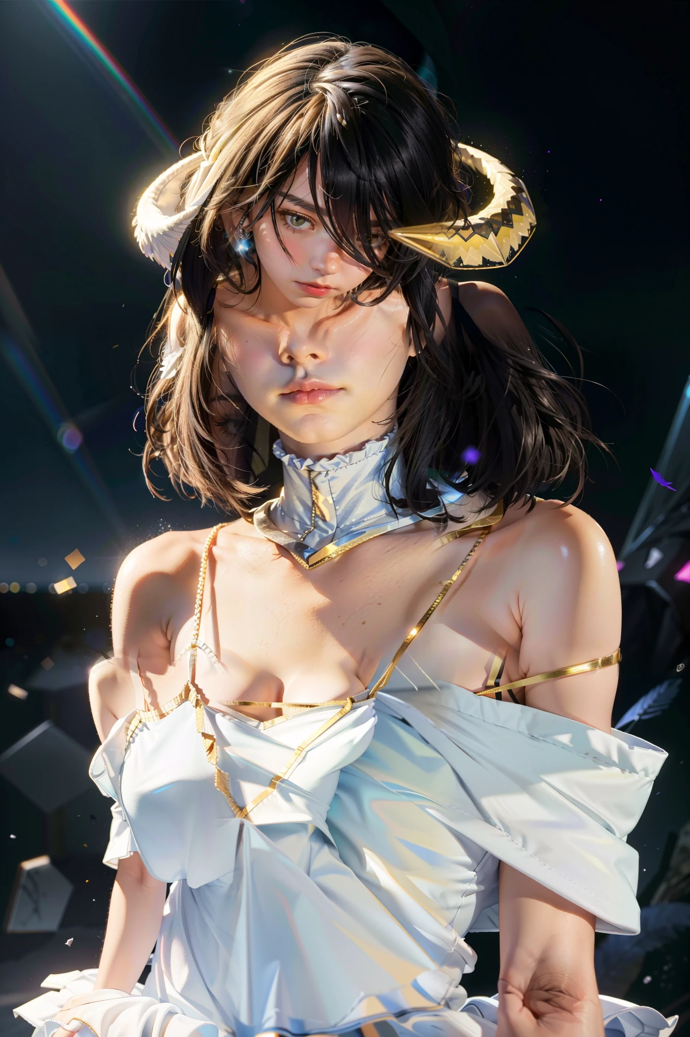 masterpiece, pajamas, ultra-detailed, illustration, epic lighting, cinematographic composition, isometria,(hexagons :1.2), a girl, Horns, Alone, yellow eyes, black hair, long hair, (low:1.2), large neckline, bare shoulders, hair between the eyes, medium breasts, (White dress:1.1), golden decor, detachable collar, Visualize the viewer , half-closed eyes, ( Visualize the viewer :1.1), separated lips , Blush, Black feathers fall, arena, particle effects, (8k:1.1)