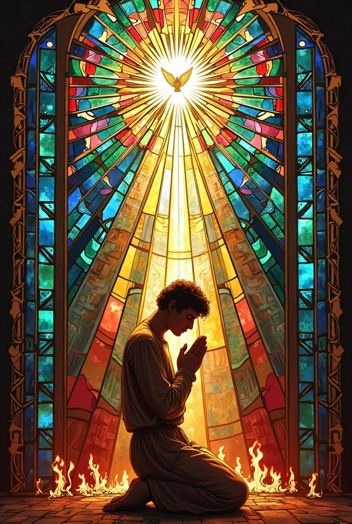 an art in the Neo-Impressionism style portrait of a man resembling Leonardo da Vinci's "Vitruvian Man", the man stands with arms and legs spread as in Renaissance art, enthroned amidst a resplendent backdrop of intricately designed stained glass windows, filled with vibrant, kaleidoscopic colors that refract and disperse light. Delicate, curved lines and ornate details adorn the stained glass windows