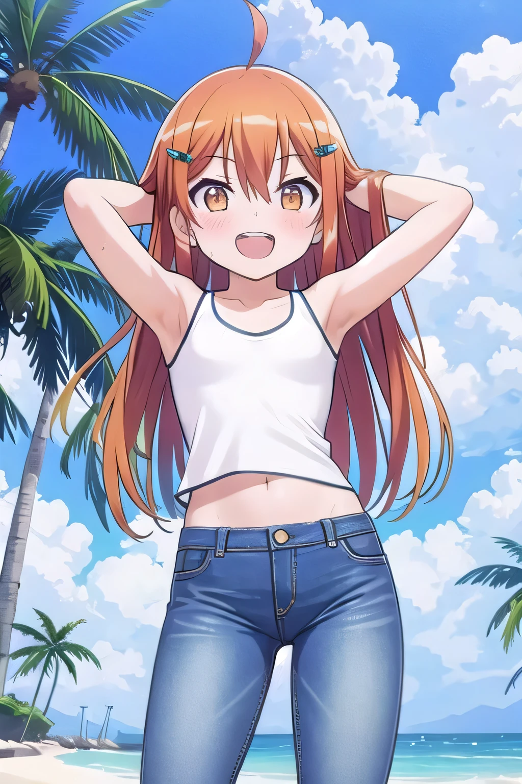 masterpiece, best quality, ultra detail, ((Perfect Face, perfect eyes, perfect hair, perfect arm)), 1girl, , petite, ((round face, ecstasy, orgasm face, drooping eyes, shame smiling, blush)), dropping eyes, sleepy, Open mouth, ((White teeth)), background((under the beach, (day:1.2), palm tree, bright sky)), miku hatsune, ahoge, orange eyes, (orange hair:1.2), crossed bangs, hair between eyes, hair ornament, (medium hair:2.2), (straight hair:1.7), ((arms behind head, hands behind head, fingers behind head)), ((contrapposto)), spread armpits, looking at viewer,, (white tank top:1.2), (white crop top:1.2), (jeans pants:1.2, flares jeans:1.2, skinny jeans:1.2, blue jeans:1.2), standing, (legs spread:1.4), sex pose, Sweaty crotch, Steam from the crotch, from below, whole body