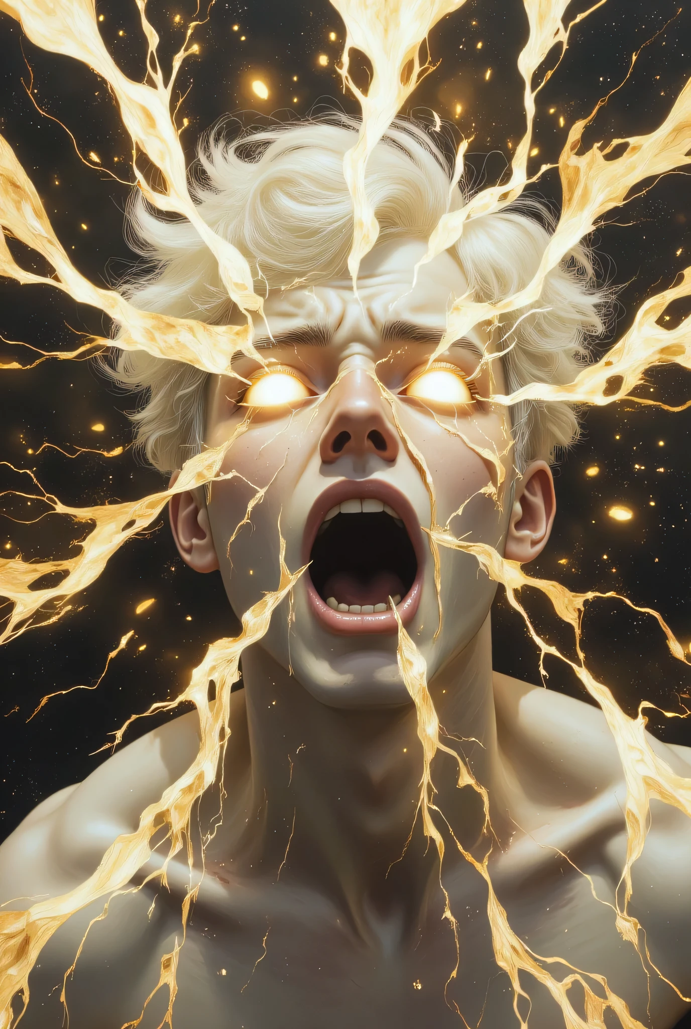 (masterpiece),(Highest quality),(Super detailed),(Ultra-high resolution),(Best illustrations),8k,Surreal painting,
Painting of man, 30 years old, caucassian, muscular, full body, white hair, glowing magical white eyes, full body. He's body is being torn apart by rays of lights comming from inside himself, braking his skin, he's screaming in immense pain, celestial aura.
White color palette. Painting evokes the power of divine light.