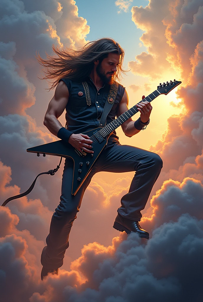 Inspiring image involving muscles, musical virtuosity, guitar and christian faith 