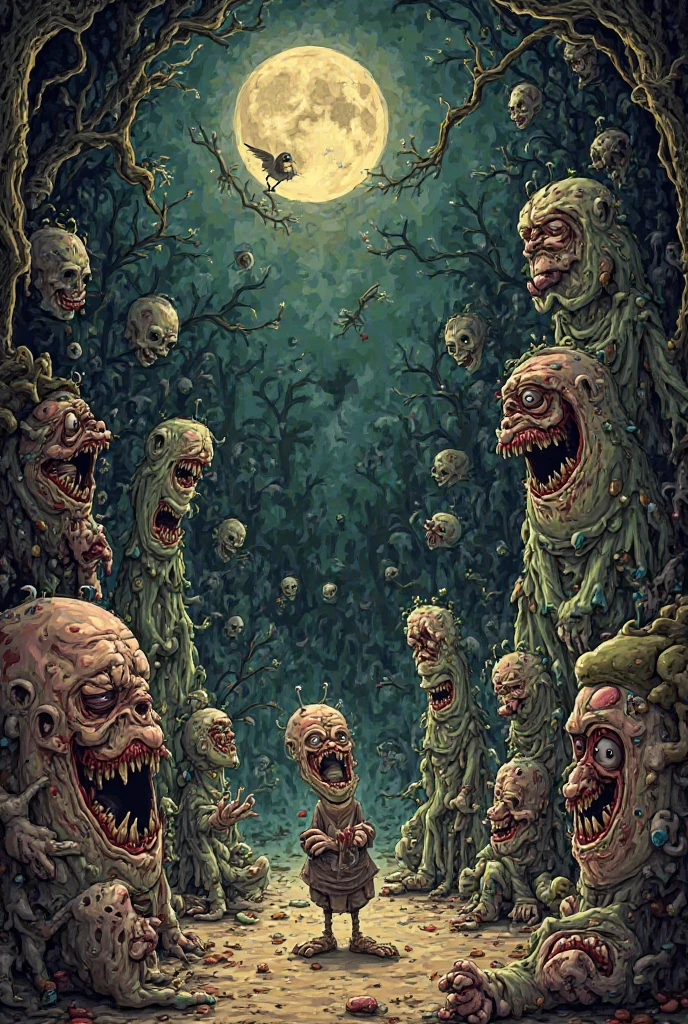 a horde of zombies, a plant attacking zombies, , a battle between plants and zombies, a post-apocalyptic scene with plants fighting zombies, a surreal landscape with mutant plants and zombies, a dark twisted plant vs zombie fantasy scene, a lush overgrown garden infested with the undead, a bizarre hybrid plant-zombie creature, a verdant battlefield of carnivorous plants and zombies