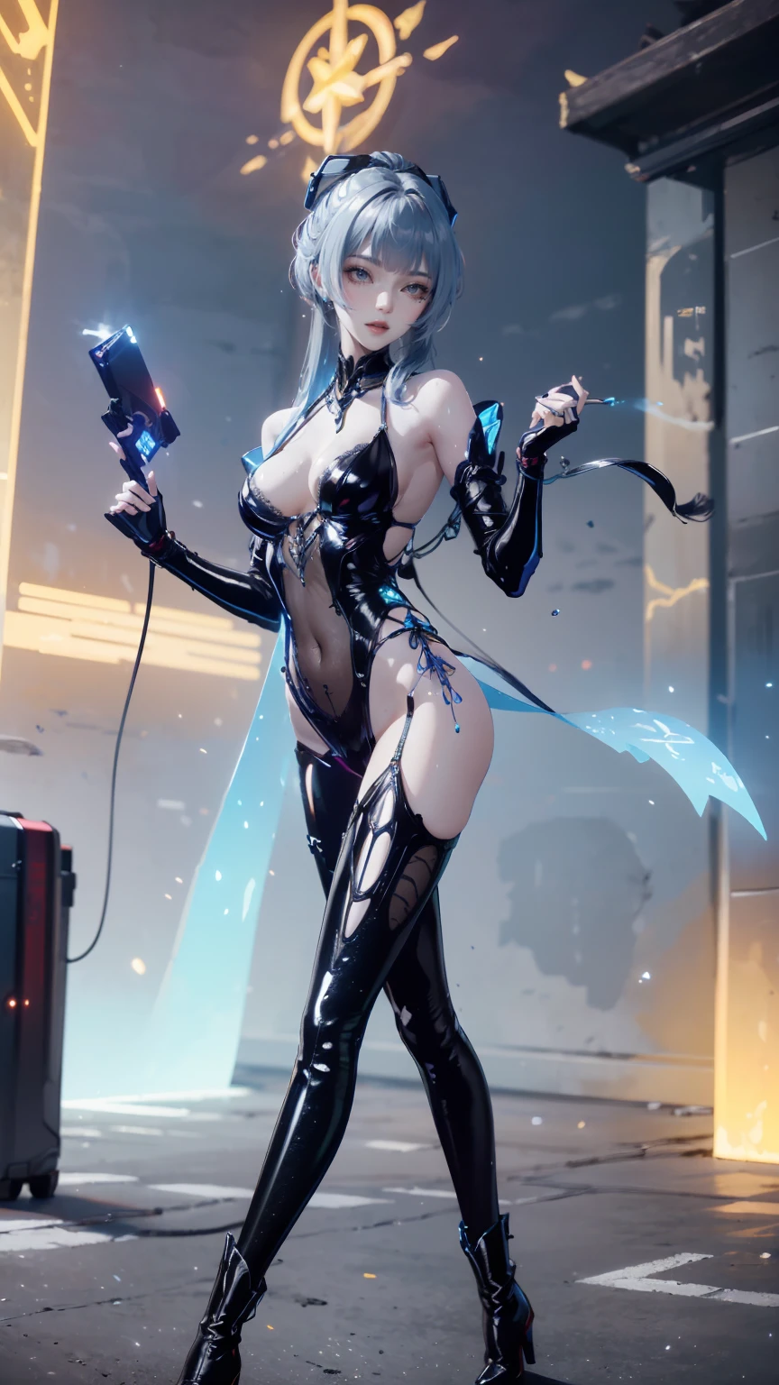 View from below angle from below girl mecha half cyborg, modifications, She has a curvy figure but a narrow waist., she has long blue hair, with blue eyes, with a gas mask on his face, cybernetic suit blue, costume parts with blue lights and LEDs, a multitude of glowing blue lines and lights, hands prosthetics, gorgeous body, short sports shorts that highlight her big wide hips, but it is covered by a mechanical suit, flat horizon photo, anime style pictures, на backgroundе изображения синее небо, clouds and lights and glare in large quantities, and also blue fog and smoke , background: blue sky with clouds