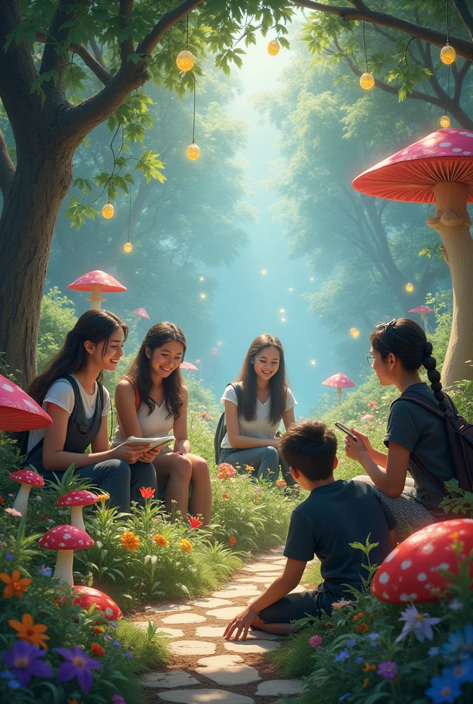 Students helping each other, dans un jardin féerique pour un avenir innovant
