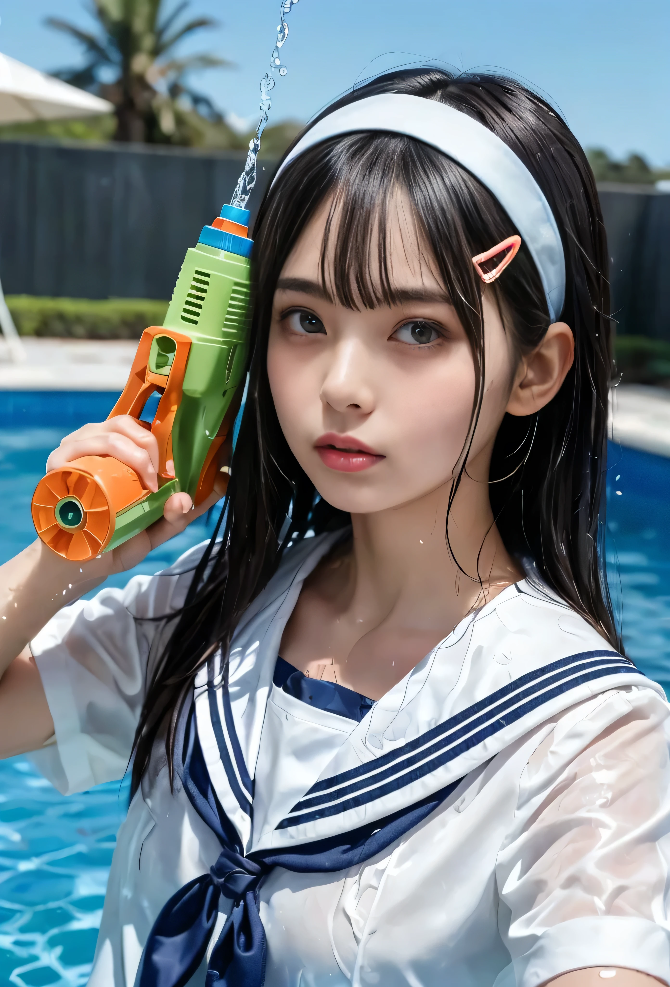 (masterpiece, 最high quality, Ultra A Hi-Res), ( from side, full body photo), (((Very beautiful girl))), Very Cute Girls, wet solo Japanese girl 、natural makeup, masterpiece 、 top quality 、 super accurate、 realistic、 high school student model 、(ater Spray Gun:1.4), Heavy water splash、 RAW photo 、4K Ultra HD、1080P、 oily skin、 brown eyes、 black hair、 wet straight hair 、 beautiful well-groomed hair 、 expressionless、 selfie、 side view、 break、((( Focus on Beautiful Lips )))、 break ((( wet sailor collar , sailor cuffs、 no pants)))、((( wet sailor collar , white headband 、 hair clip for hair)))、((Midsummer blue sky 、 outdoor pool、 blur the background))、((( Moist medium pointed chest、sex)))、((( anatomically accurate in close contact with a man)))