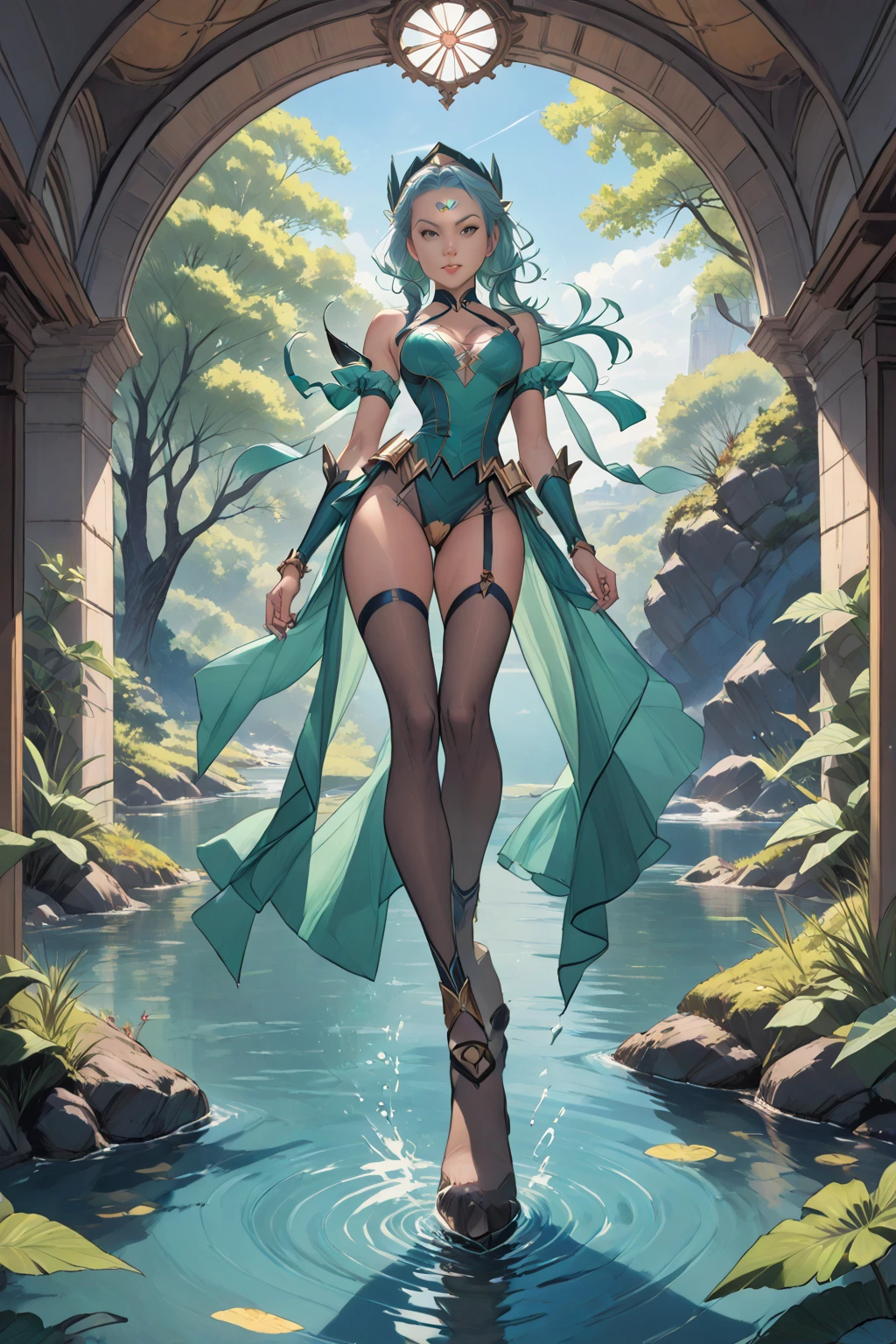 (La mejor calidad,A high resolution,Ultra - detallado,actual) ,Silvana, la bruja pavo real, (lingerie yellow), es una bruja con un aura misteriosa y exuberante. ella emana uma energia verde vibrante, reflecting your connection with nature and the magic of the forest. Sua pele tem um tom suave e brillante, como se estivesse iluminada pela luz do sol filtrada por densas folhagens. Sus ojos son como esmeraldas relucientes., hipnotizantes e cheios de sabedoria. Tu cabello, largo y exuberante, ella'sa cascada de fios verde esmeralda, adornados con penas e enfeites dorados, en honor al pavo real. Peacock feathers also extend from the head., formando uma graciosa coroa verdejante. (Silvana viste un vestido corto verde), fluido y elegante, made of green and organic fabrics, that resemble leaves and flower petals. Her outfit is adorned with gold details.., representando los deslumbrantes colores del pavo real. ella usa uma capa verde-esmeralda, (hermosos ojos azules), (fondo piedras grandes negro:1.4) , (pose vaquero ), (realistic) ,Arte detallado de alta calidad 8K, Fanart Mejor ArtStation, Fantasy art style ,