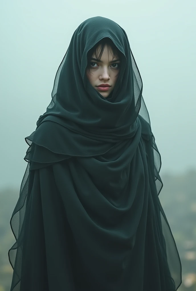 digital photo, a young teenage girl standing in a hazy dystopian wasteland, (detailed face, freckles, pores), dark eyeliner and eyeshadow, very detailed eyes, (piercing gaze), scarf drawn up to veil her mouth, glowing radioactive fog envelops her like a cloak, extremely dim lighting, long dark hair, tight-fitting wasteland outfit, skinny legs, leather boots, smoky, dusky, distant ruins of bombed-out cities, <lora:zavy-cntrst-sdxl:1.5>