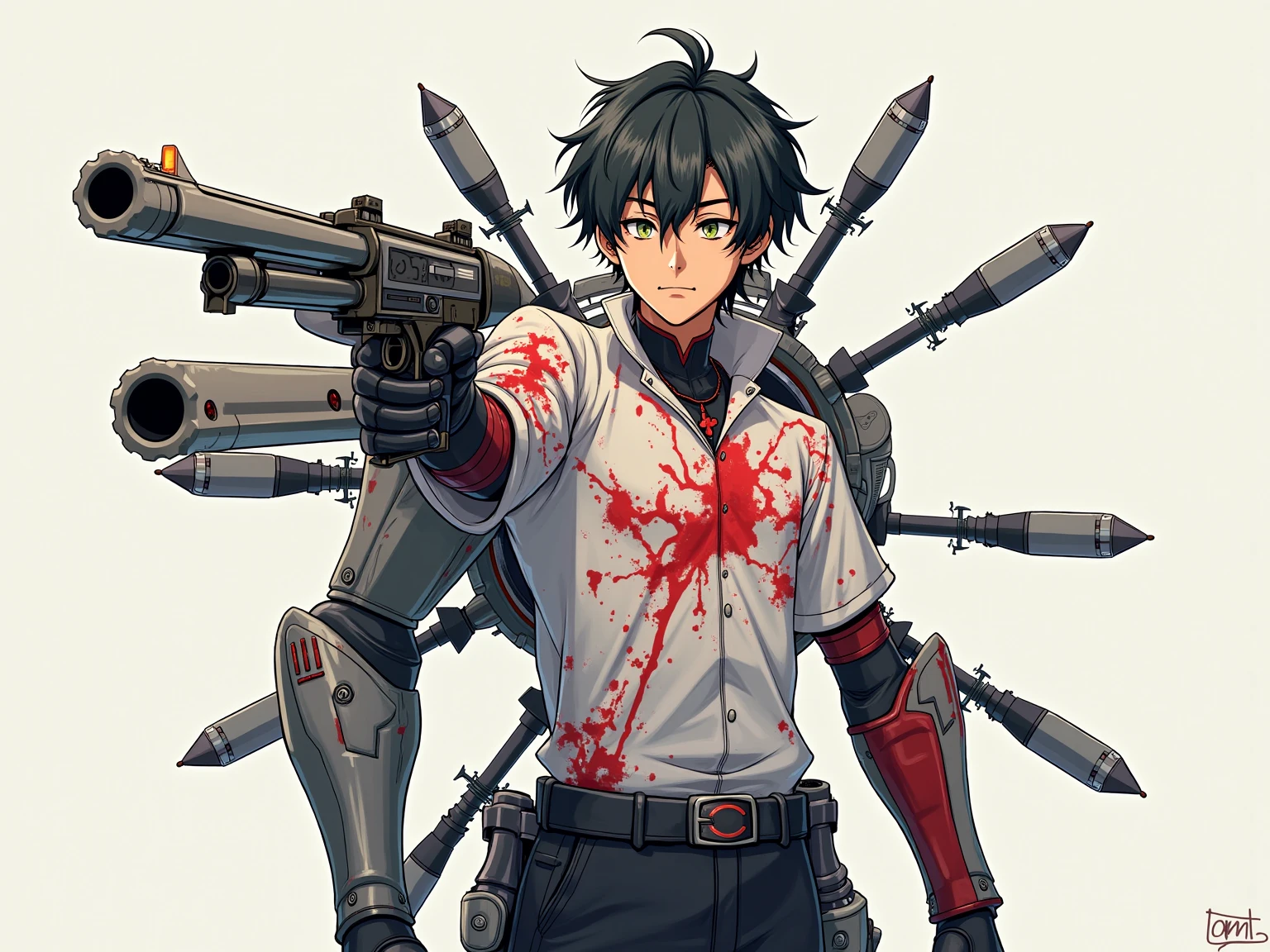 (masterpiece,best quality),1boy,blue eyes, holding huge mechanical chainsaw , fighting stance, <lora:weapon:0.7>