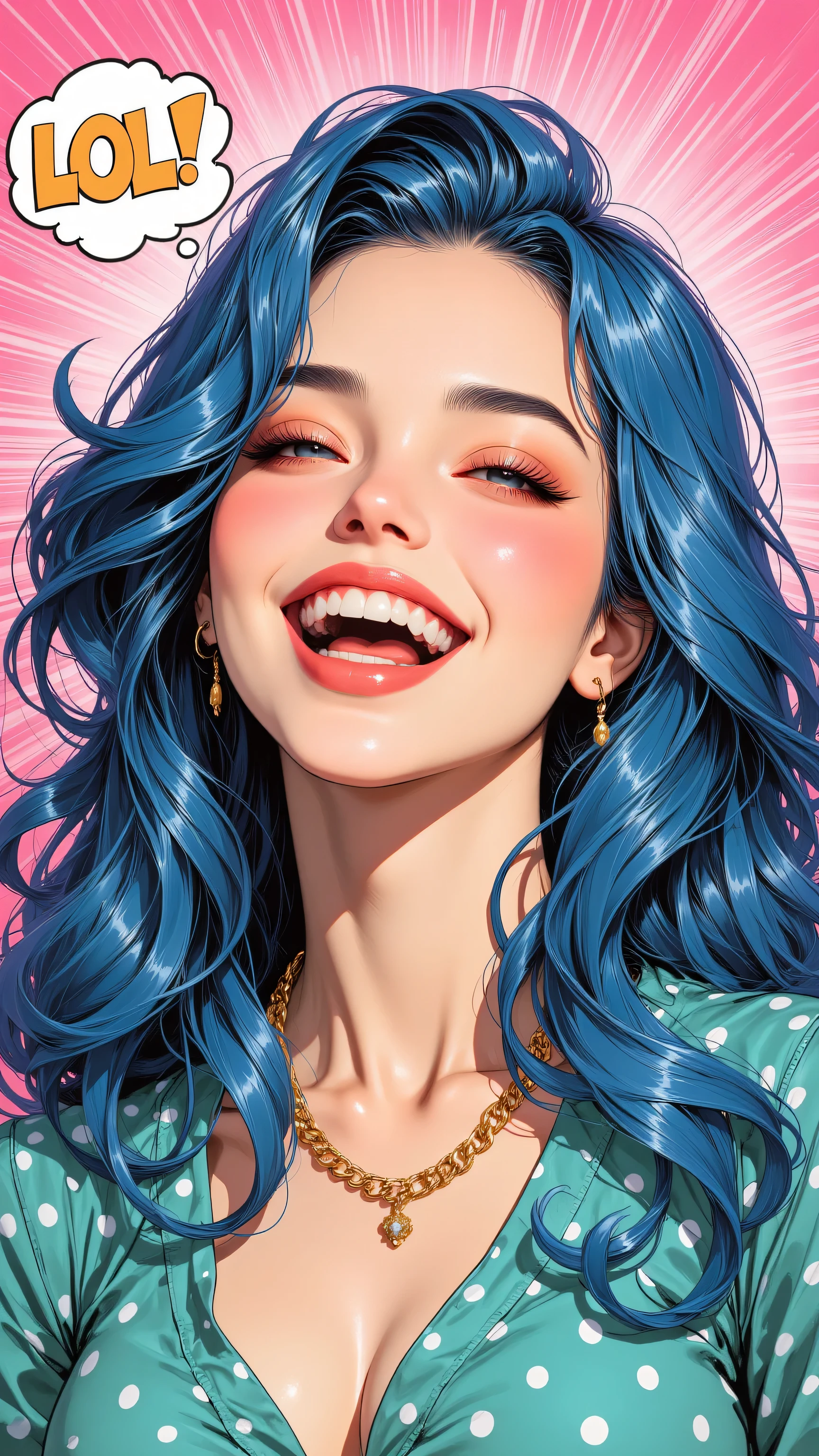 8k , masterpiece , highest quality, Close-up, frontal viewpoint. Joyful, laughing expression, rosy cheeks, dimples, long wavy blue hair. Teal polka-dot top, gold necklace. Upright, shoulders slightly back. Pink radiating lines background, speech bubble, LOL, pop art,