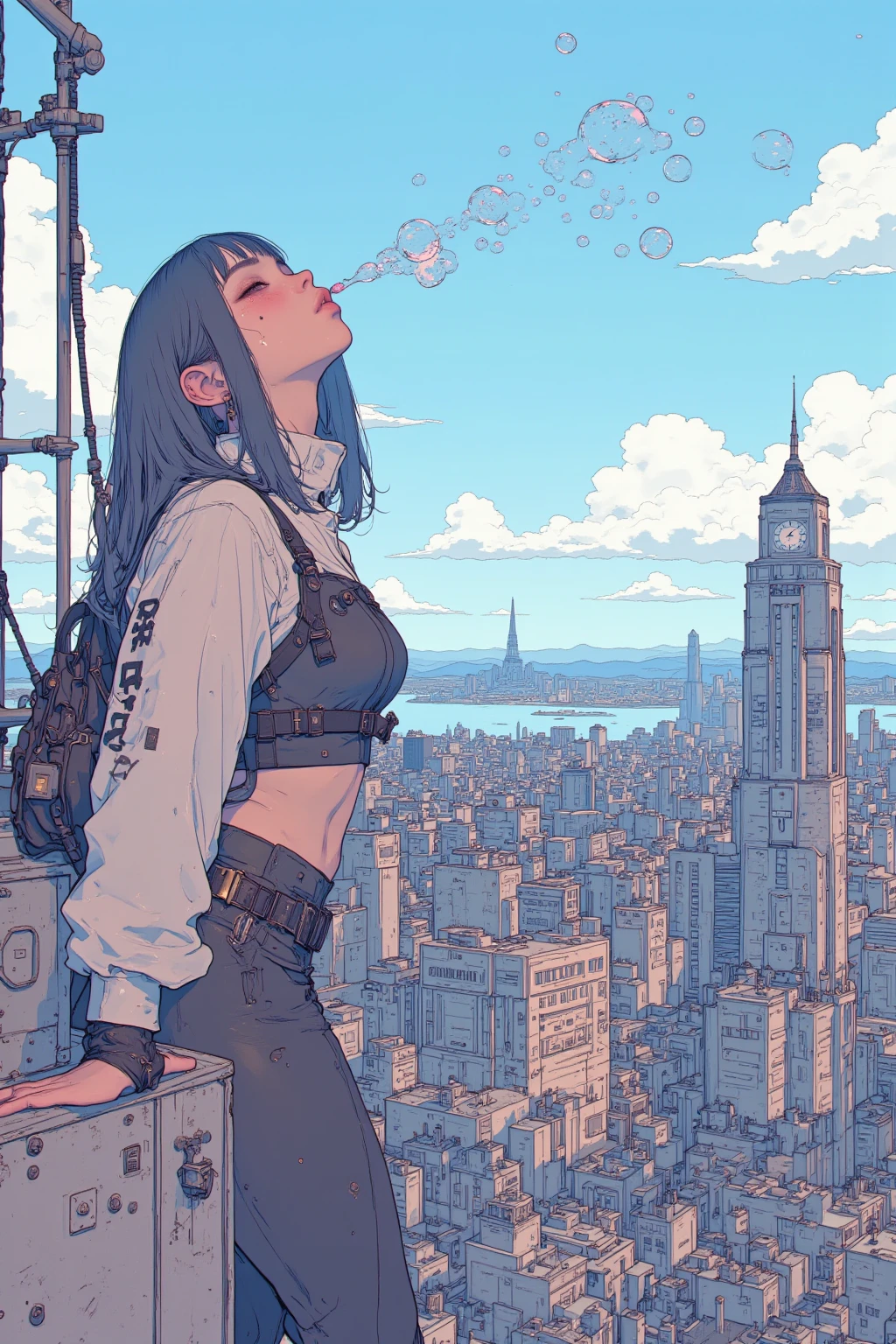A woman blowing soap bubbles on top of a tower overlooking the city, pixel art scene, the woman is unknown, CMYK palette, lo-fi girl, amazing pixel art, pixel animation-style cityscape, a full pixel art scene, pixel animation still image anime color paper, pixel game illustration, Mamoru Hosoda, 90s game aesthetics, pixel