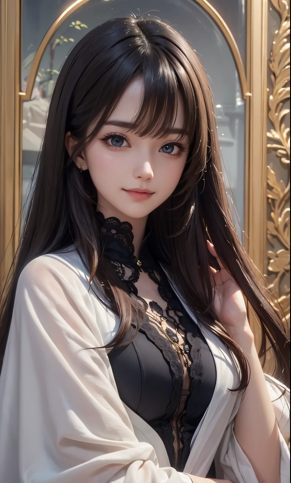 (Ultra Realistic), (Illustration), (Increased Resolution), (8K), (Extremely Detailed), (Best Illustration), (Beautiful and Detailed Eyes), (Best Quality), (Ultra Detailed), (Masterpiece ), ( wallpaper), (detailed face), solo, 1 girl, looking at viewer, fine details, detailed face, in the dark, deep shadows, low key, pureerosfaceace_v1, smiling, long hair, black shawl straight hair , 46 points oblique bangs