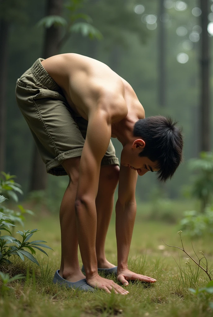Asian male in his 20s、Please make a picture of a naked person sitting on the floor with their penis exposed, pooping in a grassy area, so that the feces can be seen.。