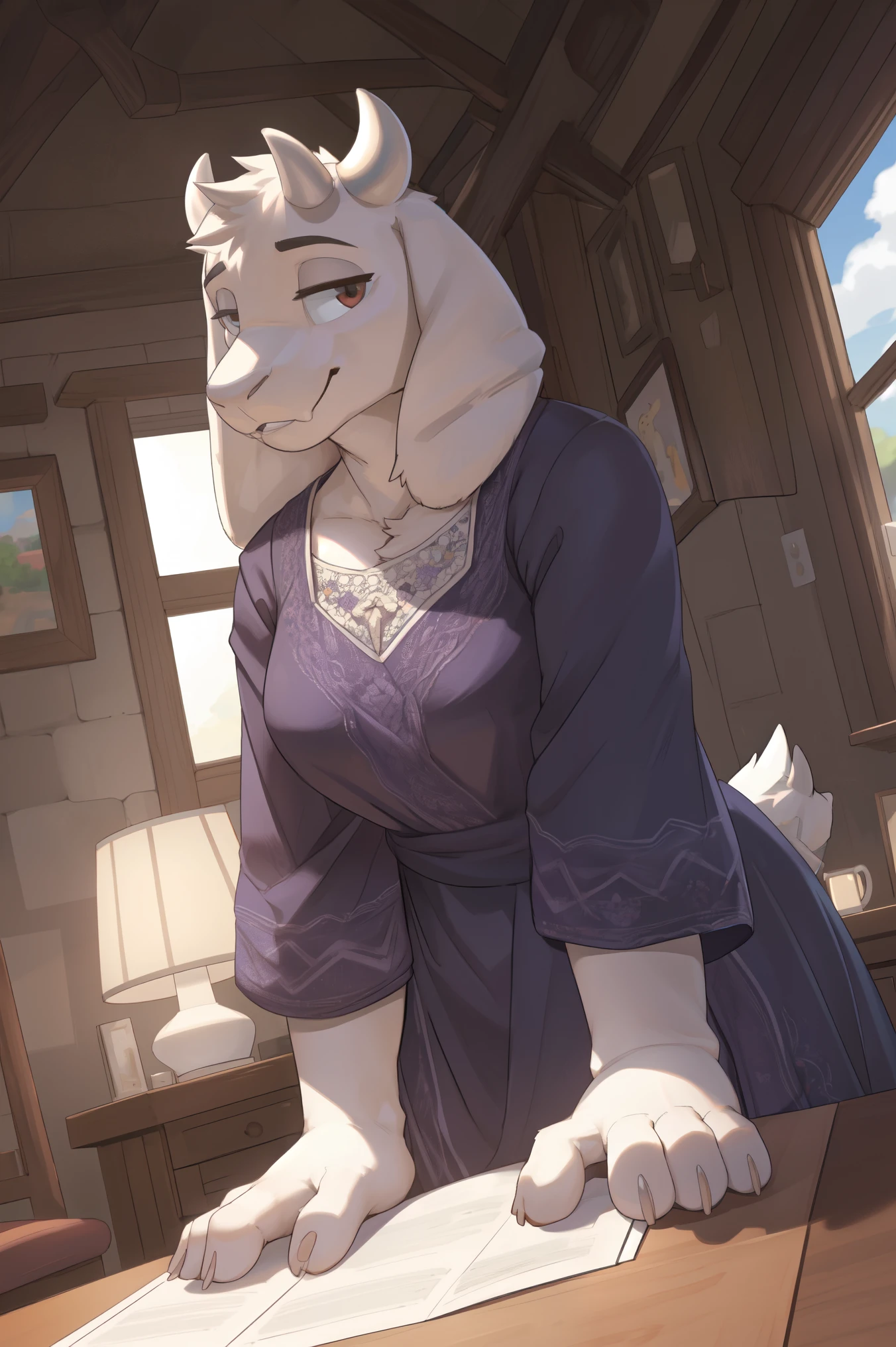 [toriel], [Undertale], [uploaded to e621.child; ( Pixel artist ), (wamu drawings), (work)], ((masterpiece)), ((High Definition)), ((high red )), ((portrait alone)), ((front angle view)), ((vista frontal)), (( waist up)), ((detailed skin)), ((detailed shading)), ((beautiful rendered illustration)), ((intricate details)), {anthropogenic goat , plump figure, white fur, white nose, ( short goat horns ), fluffy short tail , (curvilinear hips), ( beautiful legs), ( beautiful feet), (black expression)}, {( long purple dress ), (long white sleeves)}, {(tilted forward), ( spectator view ), (cowboy position)}, [ambient lighting, bedroom, lamp table, rays of light]