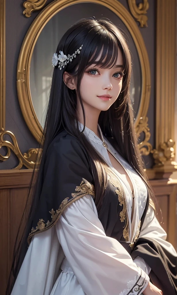 animesque、Clear, Moisturized papayawhip eyes、Lack of hair ornaments、Beautiful woman like a fashion model、a closeup、portlate、Beautiful, Beautiful black hair without hair ornaments, hight resolution, top-quality, masterpiece, 8k wallpaper、 One Person、Beautiful skin、17age、