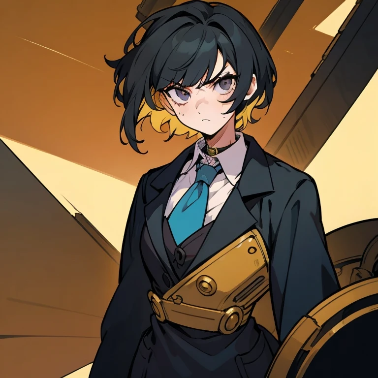 fluffy hair, stylized eyes, shirt collar, short hair, black hair, curly hair, sidelocks, steel gray eyes, sharp eyes, scar, dark blue collar, black coat, suit, serious, blonde highlights, serious look, stylized, anime style, simple, 1girl, solo, girl, feminine, female, girl, adult girl, steampunk, vintage style