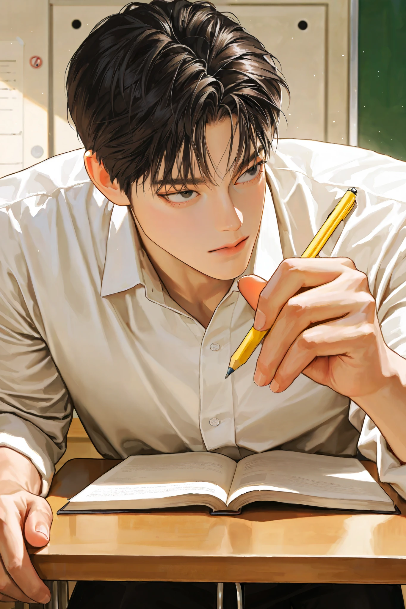 middle-aged male, handsome, lying, 헝클어진 BLACK HEAD , short hair, Male-centered, handsome man, Thick paint , Korean cartoon style , SEMI-REALISTIC ART , SEMI-REALISTIC ART style, Expressive brushstrokes , vivid brushstrokes , realistic skin, realistic hair , realistic details , photorealistic , natural hair, BLACK HEAD , Muscular, Let's go , Skin Texture Description, Modern, heavy body, big hands, academy, 8:2 Garma, class, holding a pencil, english, book, I'm standing up , teacher, sharp eyes