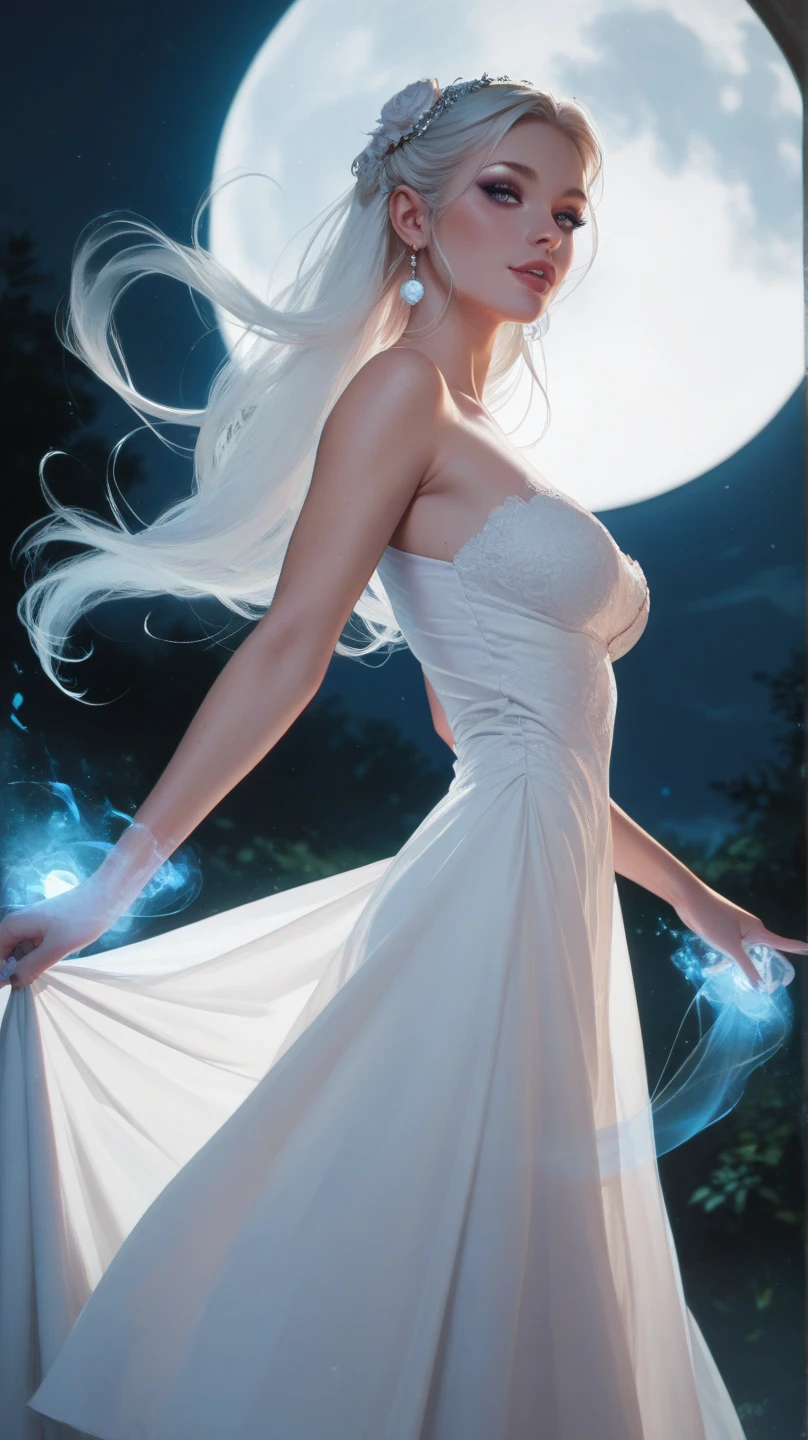 [clara morgane](s--800 )Elegant and ethereal, Lyra Nightshade is a gorgeous Faellestra with almost translucent skin, glistening with a silvery glow. Please create an artistic image of clara morgane embodying this captivating character."{Exemplary quality}, {atmosphere} mysterious, {Lyra } resembles the pale glow of the moon itself. Her ebony hair flows down her back, a striking contrast against her delicate skin, reminiscent of shadows dancing in the moonlight. "Ebony hair flowing back, contrasting sharply against her delicate complexion, reminiscent of shadows dancing in the moonlight.". His pair of piercing blue eyes, like lightning bolts in the darkness, possess an air of mystery and intrigue, drawing others into his enigmatic aura.Lyra's slender figure is adorned in a form-fitting gown that seems to shift and blend seamlessly with the shadows. The garment is crafted from a fabric that mimics the night sky, with delicate celestial patterns and shimmering stardust woven into its very fibers. Her attire is completed by a cloak that billows around her like dark, ephemeral wings, adding an air of mystique to her already captivating presence. A silver crescent pendant, symbolizing her connection to the moon and the darkness, adorns her neck, glimmering with an otherworldly radiance. Intricate, swirling tattoos adorn her arms and shoulders, depicting ethereal patterns that seem to come alive when touched by moonlight. In her hand, Lyra wields a slender, curved blade with an ornate hilt, intricately decorated with intricate lunar motifs. Its dark blade seems to absorb the surrounding light, reflecting only the glimmers of moonlit silver.This prompt invites you to conjure an image of Lyra Nightshade, a spellbinding embodiment of the Faellestra race, with her mesmerizing features, ethereal gown, and a hint of darkness that surrounds her, as she walks the line between light and shadow with grace and allure.