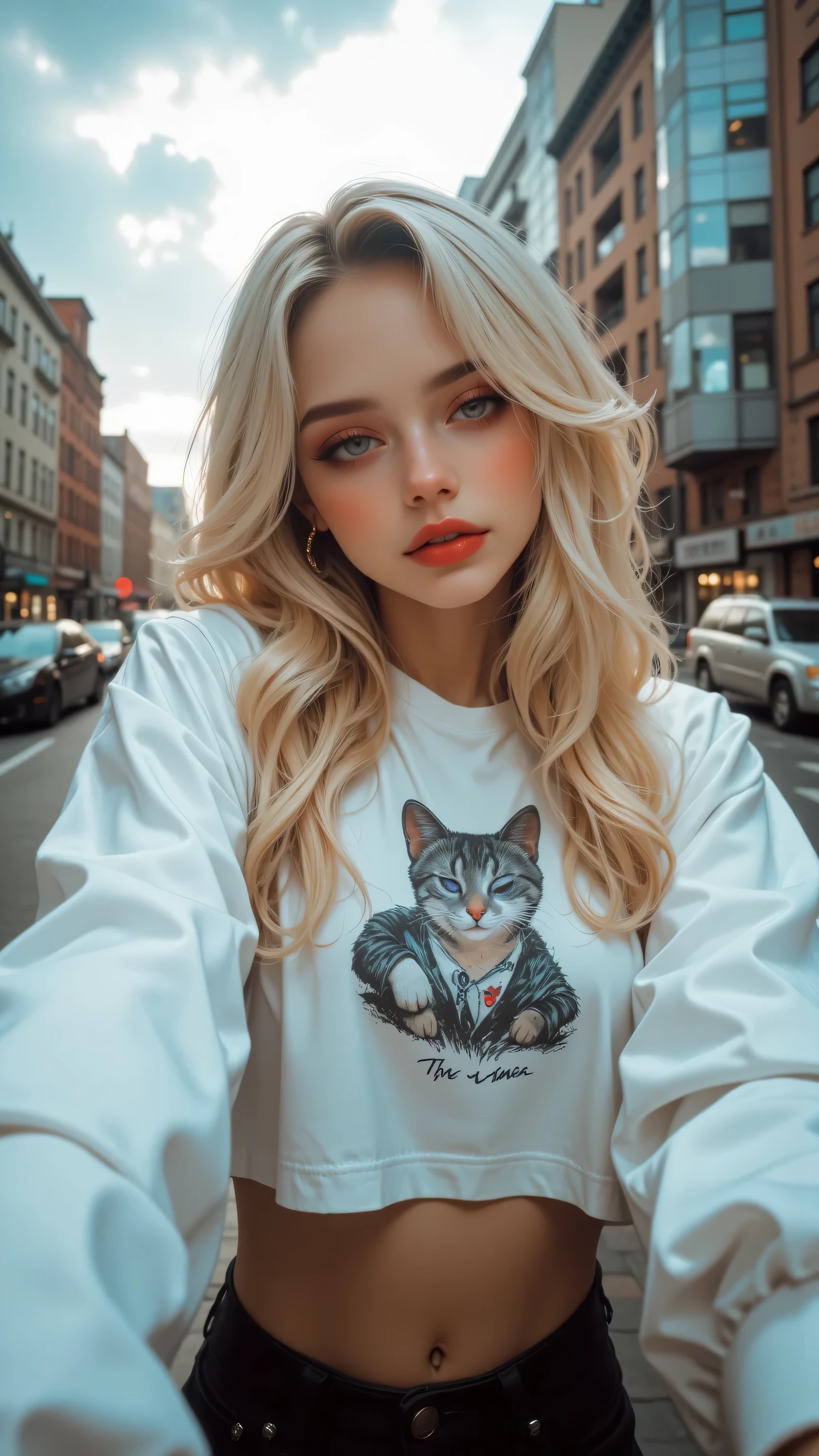 8k , masterpiece , highest quality, Low-angle, close-up, playful, blonde, wavy hair, red lipstick, white cropped long-sleeve top, graphic design, dark bottoms, playful pose, city background, buildings, cars, cloudy sky, daytime.
