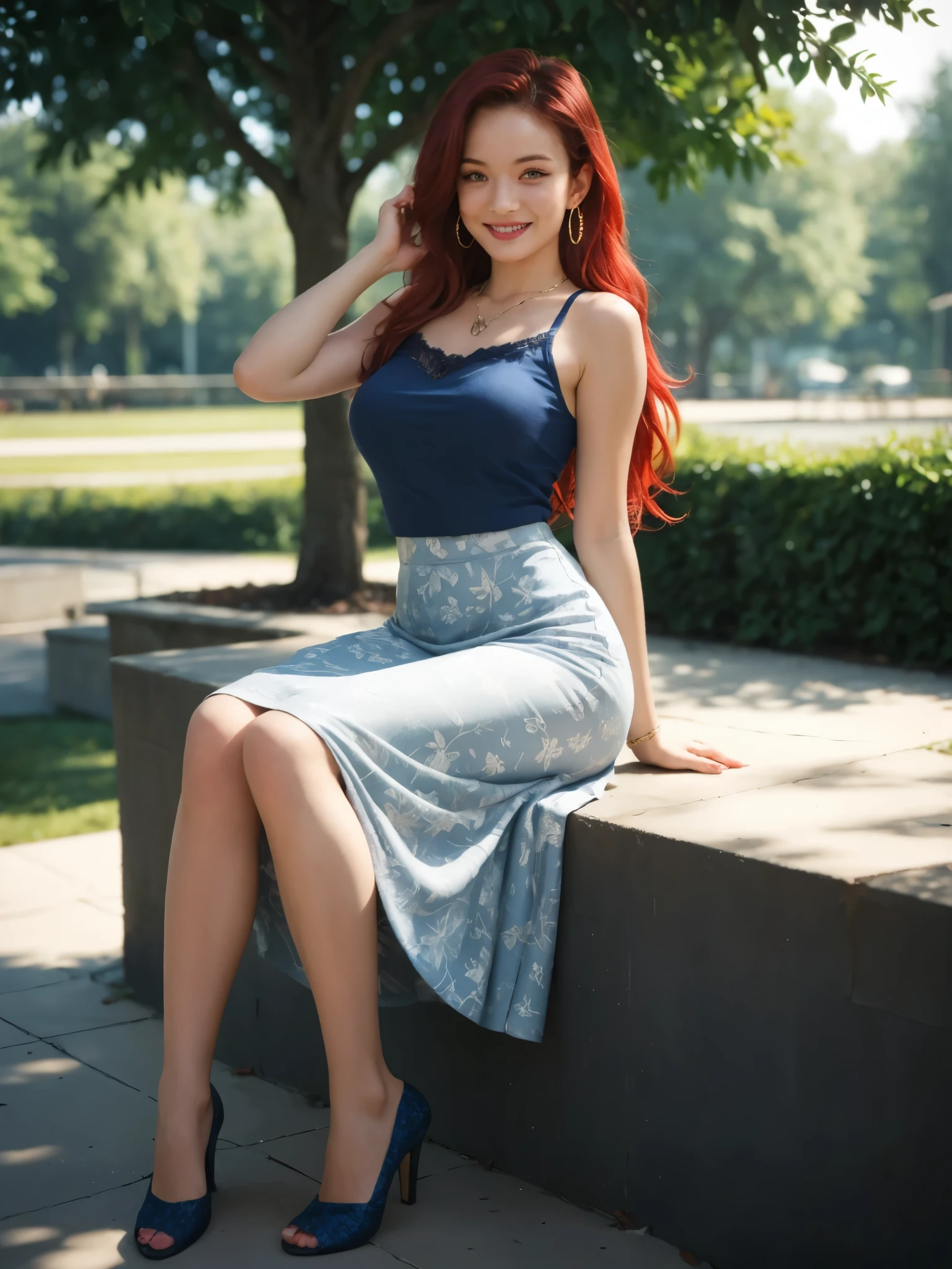 (best_quality, masterpiece:1.2), (highly detailed), (uhd, high_resolution, highres), girl, full body, sitting on concrete slab, blue lace long skirt, sleeveless navy top, breasts, suede flats, long hair, red hair, looking at viewer, smile, earrings, necklace, outdoors, park, dappled sunlight,