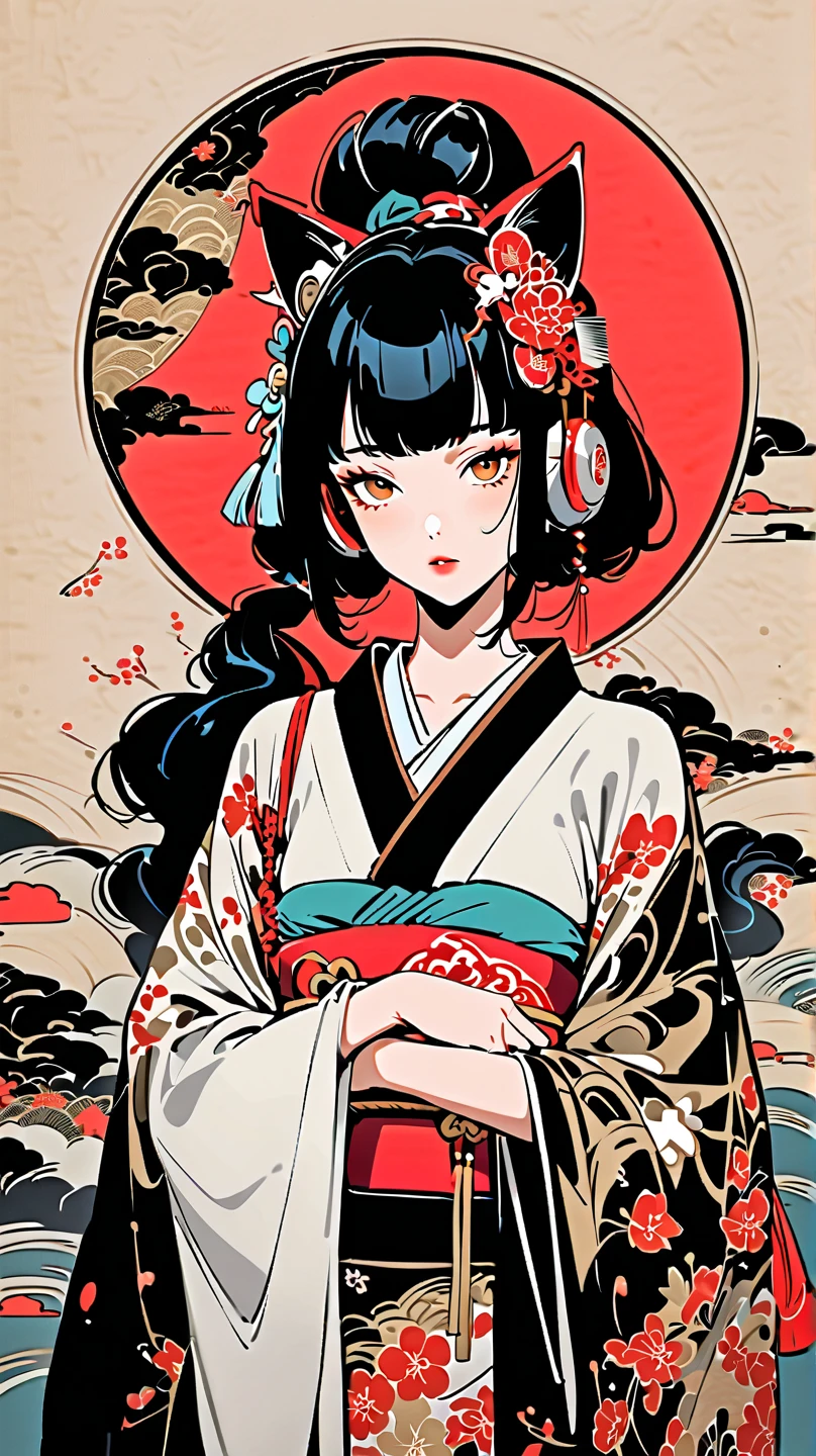 (((Ink Painting))), (((wearing Yaokai mask on face))), (((Kitsune))), (((1 girl))), (((Japanese style headphones))), (((Flashy kimono))), (((Oiran))), Delicate and precise, Modern ukiyo-e style,Japan, Japanese flag, vivid color