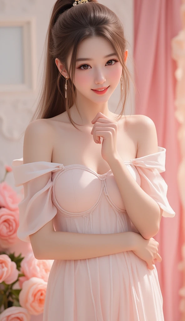 (1girl in:1.3), Cinematic Light, (masutepiece, of the highest quality, Best Quality, Beautiful and aesthetic:1.3), ighly detailed,highest details,(Ultra-detailed),,
From above,(( lying on bed)),
Solo, breasts, Silky long hair, (Brown hair), Roses were scattered all over the beds,
((Suit)), ((Shirt)), opened breast,