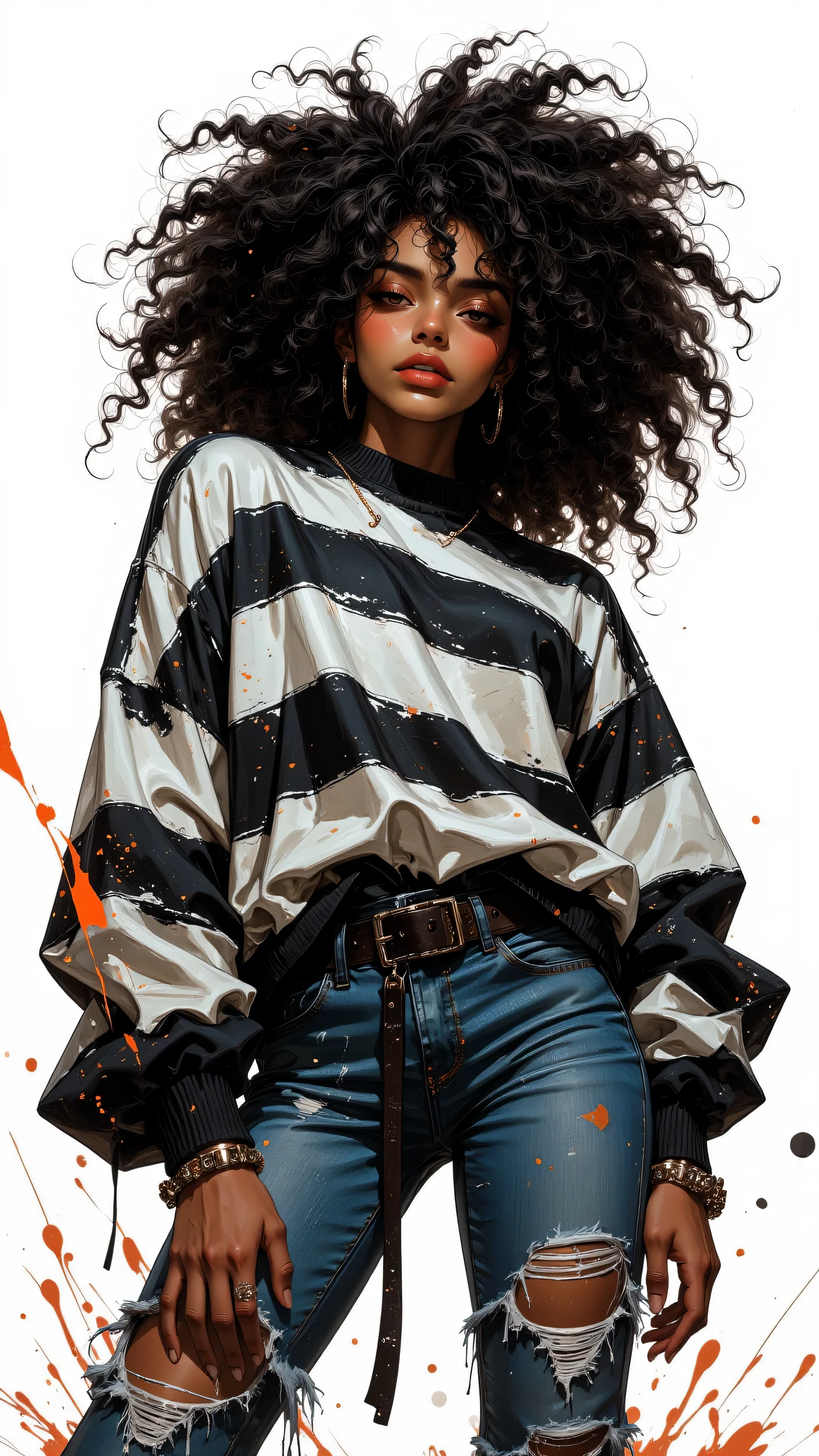 8k , masterpiece , highest quality, Low-angle,  serene, confident, large afro, swirling curls, textured hair, oversized sweater, black-white stripes, distressed jeans, rips, tears, dark belt, white background, paint drips, abstract elements.