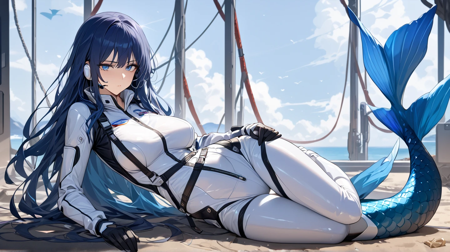 (masterpiece, Highest quality, Highest Resolution, clear_image, Detailed explanation): (alone, Lonely Girl, The Face of Japan, Blue Hair Girl, Semi-long hair, Small breasts, Sparkling blue eyes, Metallic white and blue pilot suit, Black, Tight fitting clothes, Clothing that covers the entire body, beauty, The body is slim, Exoskeleton, Knee Boots, heroine, Lying on your back, Open your thighs from side to side, Arm-length gloves, headset)