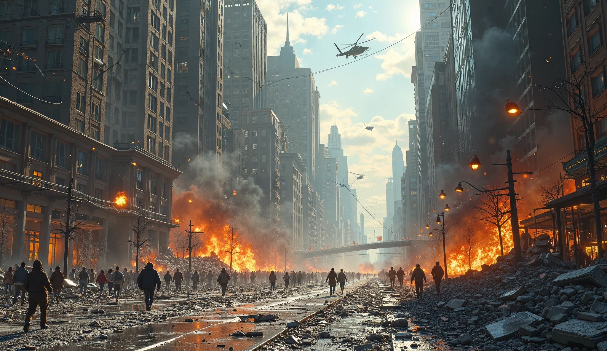 "((Epic, Cinematic)) saviors of humanity engaging in fierce duels against extraterrestrial invaders amidst the rubble of a post-apocalyptic cityscape, with their weapons unleashing devastating explosive rounds, dust and debris getting thrown up in the midst of the chaotic, high-octane combat."