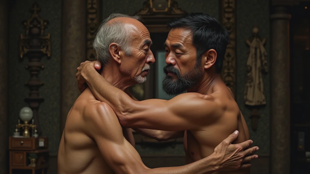 a beautiful naked Indonesian girl, sweaty, bodybuilder, and hairy armpits, being carried by two men