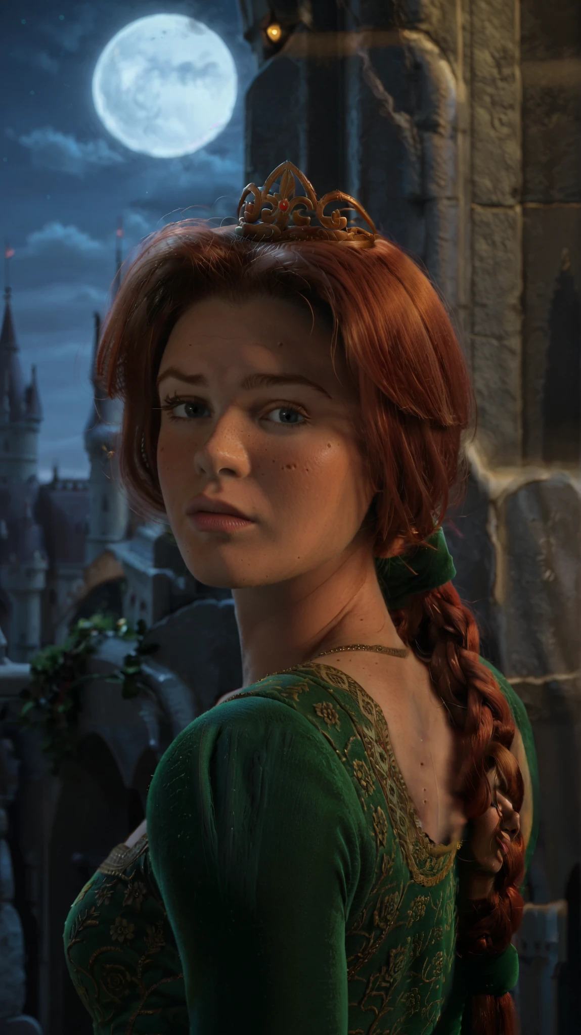 score_9, score_8_up, score_7_up, perfect face, perfect eyes, 1girl, solo, princess fiona, blue eyes, freckles, mole, pink lipstick, red hair, long hair, braided ponytail, crown, shrek 1 dress, green dress, long sleeves, mouth closed, its night , castle as background ,full moon