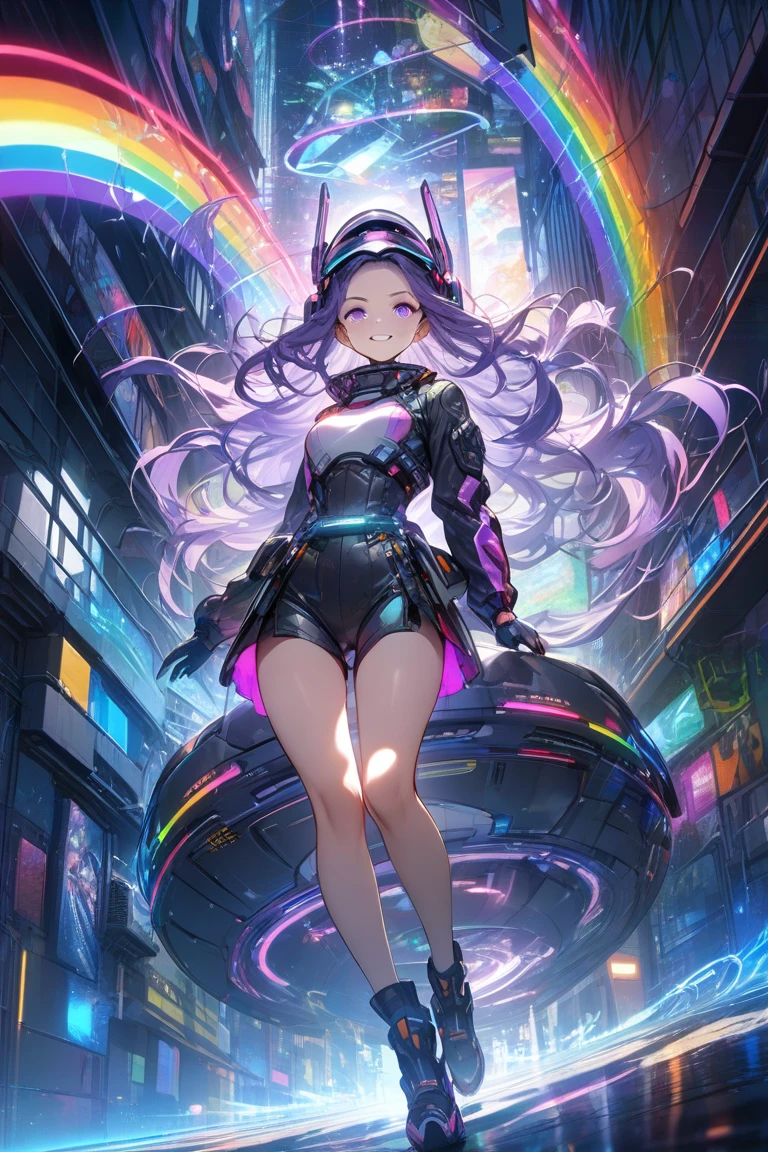 high resolution, best quality, masterpiece, very high image quality, ultra-detailed, hyperrealistic, 3d, anime, illustrations, fantasy, hard rock girl, very beautiful cute, pink wavy hair, side braid, miniskirt, thong, knee high socks, engineer boots, background cyber punk city galaxy --auto --s2