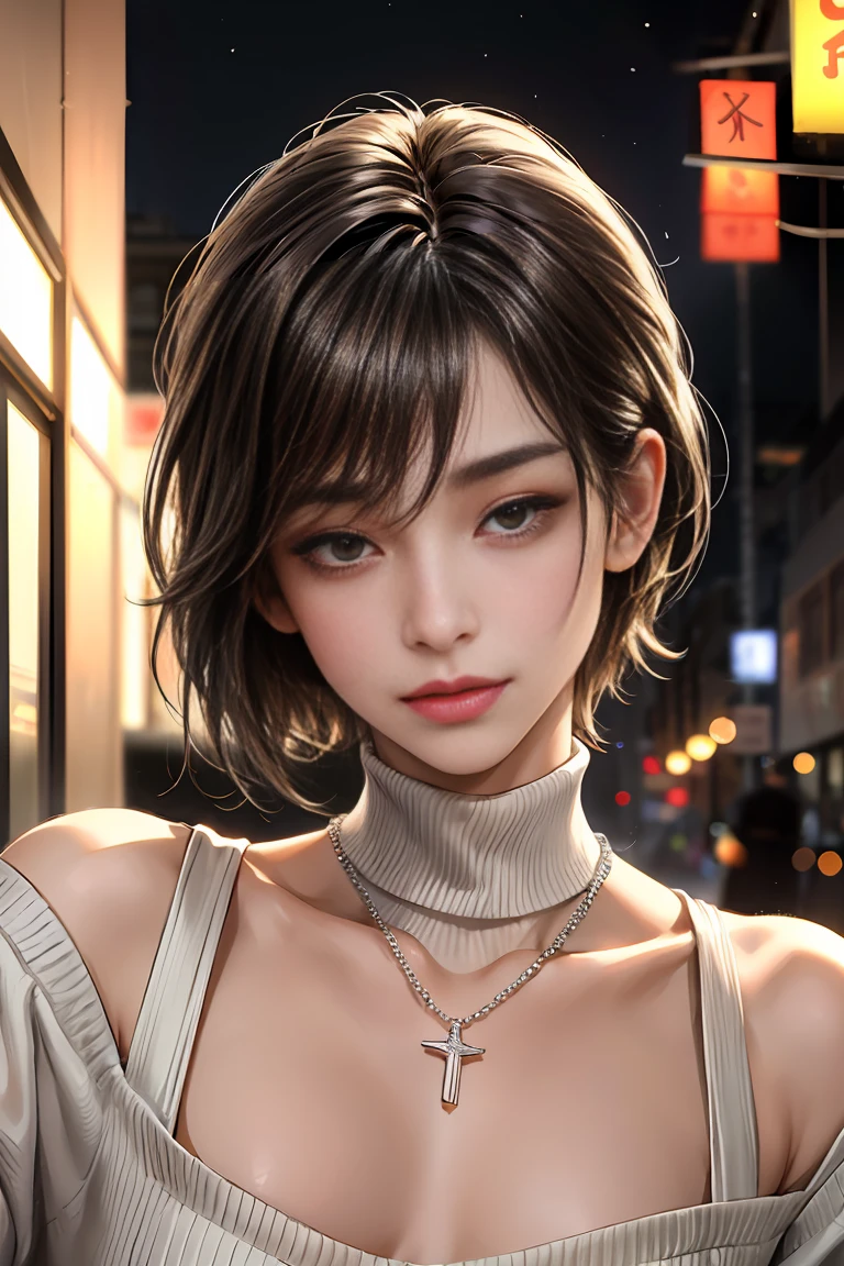 Top Quality, Masterpiece, High Resolution, 8k, full body shot, (((skinny girl, oversized shiny satin shirt,  deep neckline, bare back, small perky breasts, beautiful detailed eyes, beautiful detailed lips, small closed mouth, extremely detailed face, pixie side shaved hair cut, small hips, at the bar)))