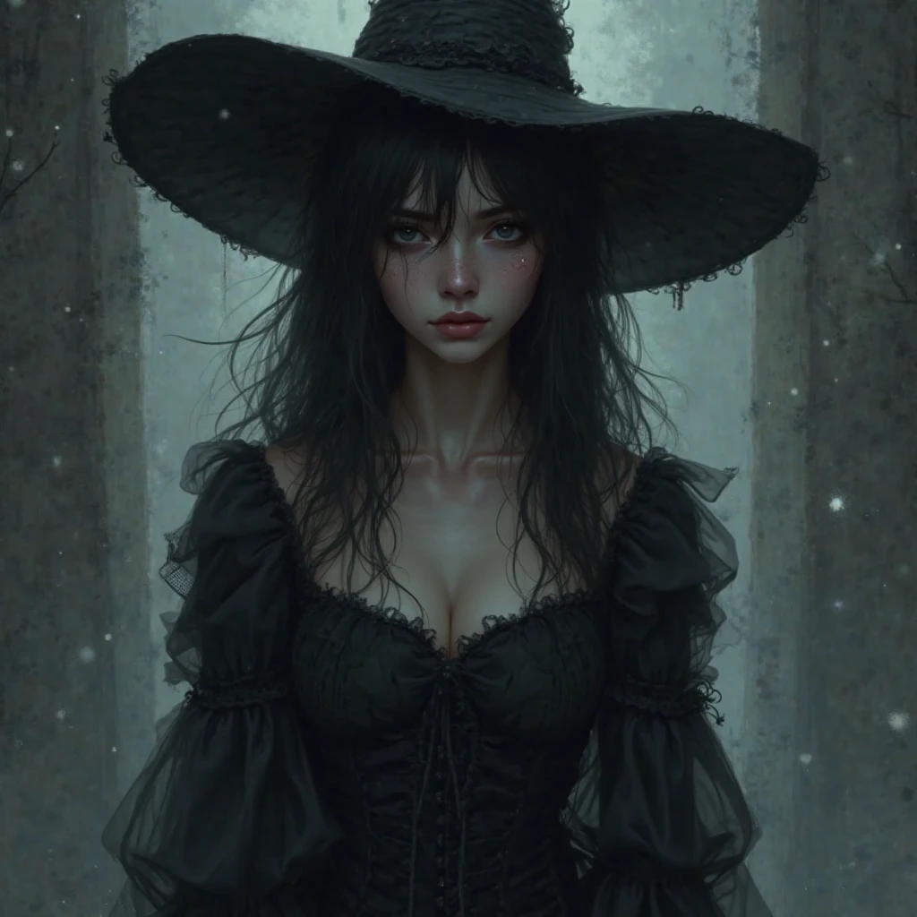Create a simple and elegant witch silhouette logo, shedding black tears. The design should convey a strong sense of sadness and melancholy, using a minimalist approach with clear lines and using only black