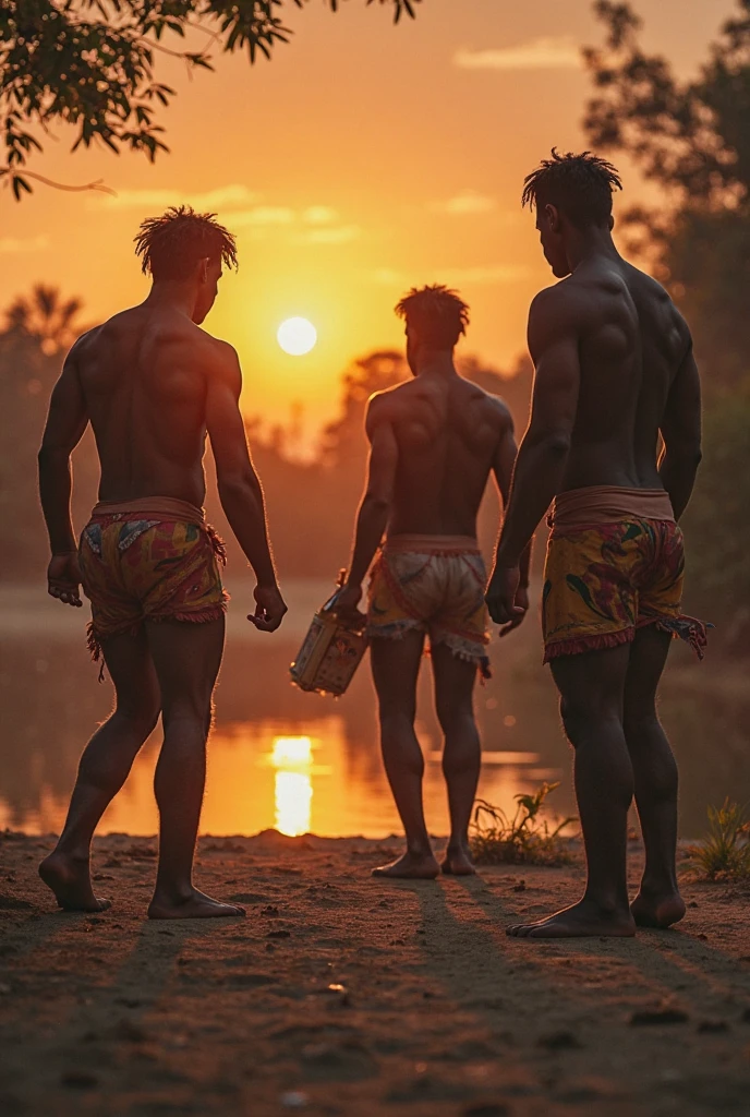 ((highest quality)), ((masterpiece)), (be familiar with), Perfect faces A group of Papua New Guinea boys standing next to an old broken building Side of the jungle A kettle is on the fire Realistic faces with high quality backgrounds Dark skin , The kettle is on fire、the boys are sitting around. watch the sunset