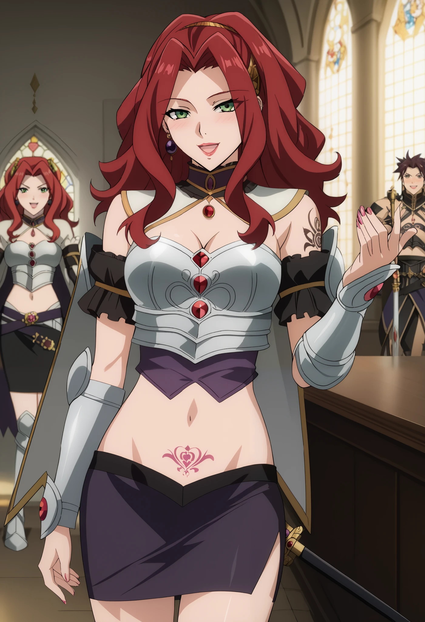 girl, anime malty, medium Breasts, excitement, red hair, green eyes , ear piercing, long hair, blush, lipstick,Hot girl, baddie, sensual, attractive ,, ear piercing, long hair, blush, lipstick,Hot girl, baddie, , sensual, attractive masterpiece, best quality, highly detailed, fantasy , a anime girls in armored dress holding a sword
posing for a picture, evil smile, smile, open mouth, breastplate with open cleavage, cleavage, warrior
outfit, ecchi anime style, anime girls, ecchi style, (nsfw) not safe for work, ecchi, digital anime art!!, in
anime style, official artwork, visual novel cg, beautiful anime girl, anime style 4 k , , exposed
belly, exposed navel, exposed midriff, exposed lower belly, pencil skirt armored, castle,inside castle, , dragon tattoo, narrowed eyes, tattoo midriff,
