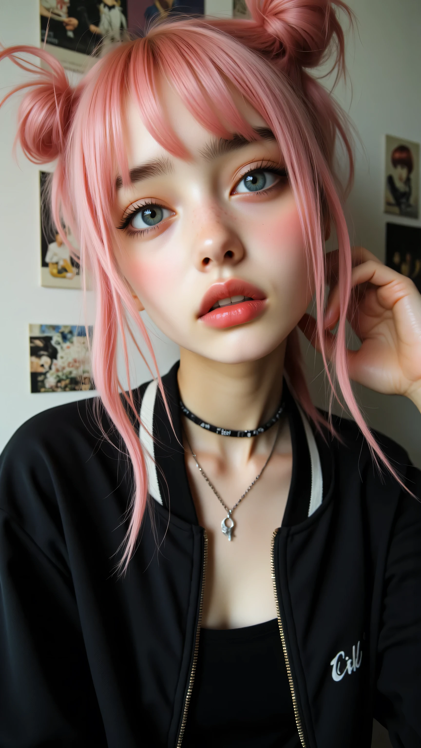 8k , masterpiece , highest quality, Close-up, frontal viewpoint. Pale skin, large eyes, subtle makeup, pink hair, braided pigtails, buns. Black bomber jacket, oversized, embellishments, black top, silver necklace. Neutral expression, slightly downcast gaze. Collage background, vintage