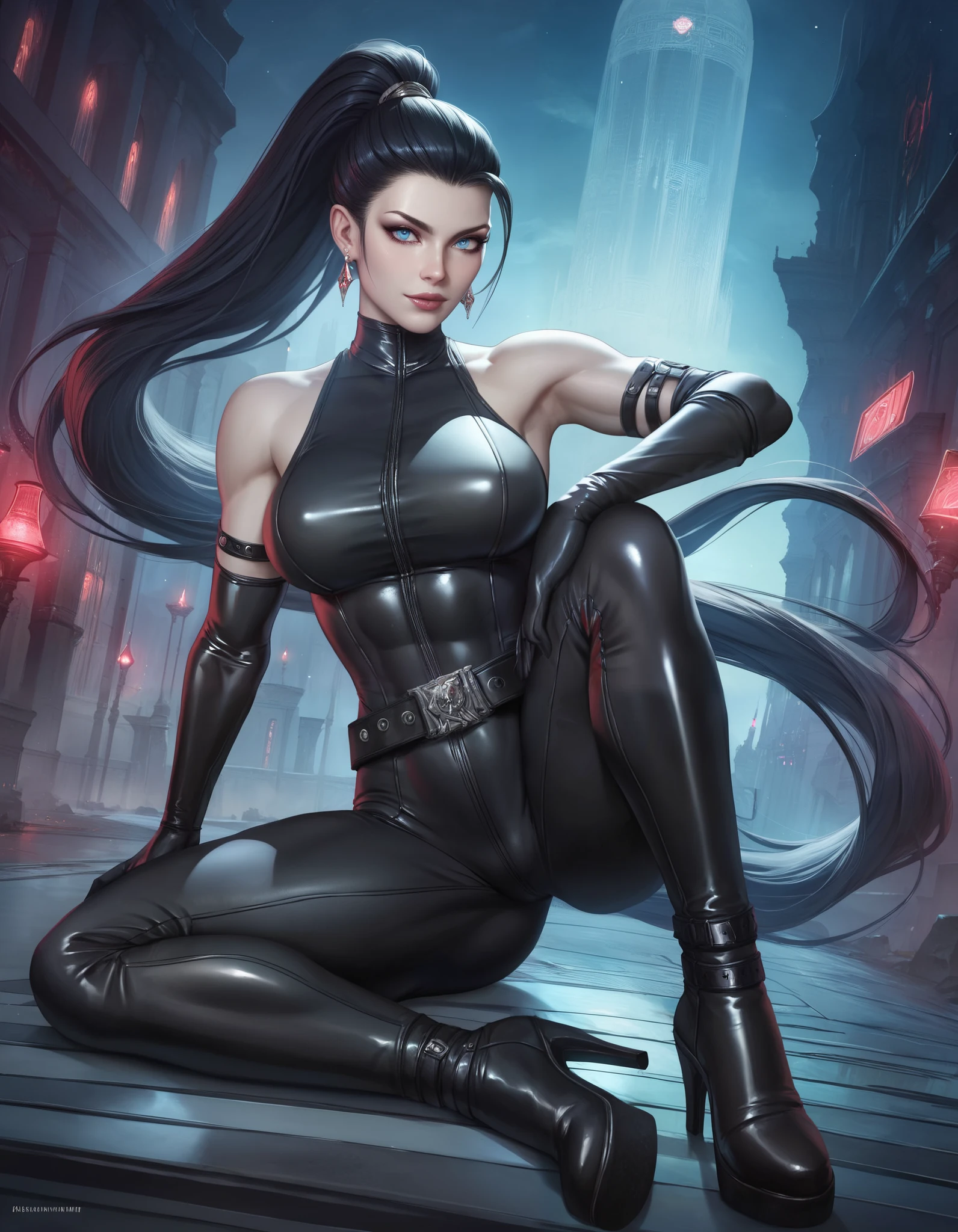1 woman, beautiful girl, long black hair, shiny, red eyes, looking at the viewer, full body framed, ninja, ninja woman, sensual ninja, dangerous ninja, very realistic light skin, wearing ninja outfit, pants, with black metal parts with sparkle, sword in hand, night, in the shadows, sneaking