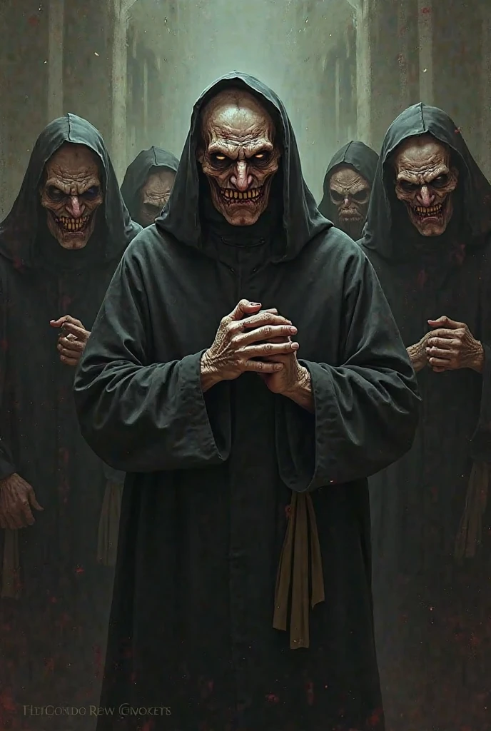 a close-up of a person in front of a group of demonic people, arte de fantasia de terror, arte de terror de fantasia, dark arte de terror de fantasia, sinister demonic atmosphere, elegante arte de terror, horrible and scary satanic rituals, fantasia de vampiros, invocando amigos mortos-vivos, Gothic horror, an evil Catholic priest, Unholy meeting, pintura de terror, Detailed 3D Gothic Oil Painting