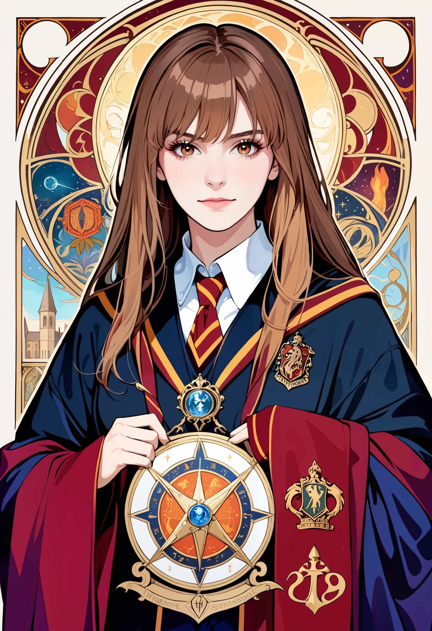 (absurdres, highres, ultra detailed), 1 Female, Brown hair, Brown eyes, Looking at the camera, Hermione Granger, Wearing a Hogwarts uniform, Black robe with Gryffindor emblem, White collared shirt, Tie in house colors, V-neck sweater, Wizard aesthetic, Regal yet casual, 'tarot', Symbolism, Visual art, Occult, Universal, Vision casting, Philosophical, Iconography, Numerology, Popularity, Artistic, Alfons Mucha, ethereal lighting