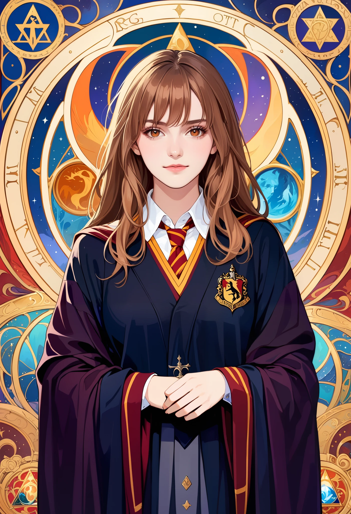 (absurdres, highres, ultra detailed), 1 Female, Brown hair, Brown eyes, Looking at the camera, Hermione Granger, Wearing a Hogwarts uniform, Black robe with Gryffindor emblem, White collared shirt, Tie in house colors, V-neck sweater, Wizard aesthetic, Regal yet casual, 'tarot', Symbolism, Visual art, Occult, Universal, Vision casting, Philosophical, Iconography, Numerology, Popularity, Artistic, Alfons Mucha, ethereal lighting