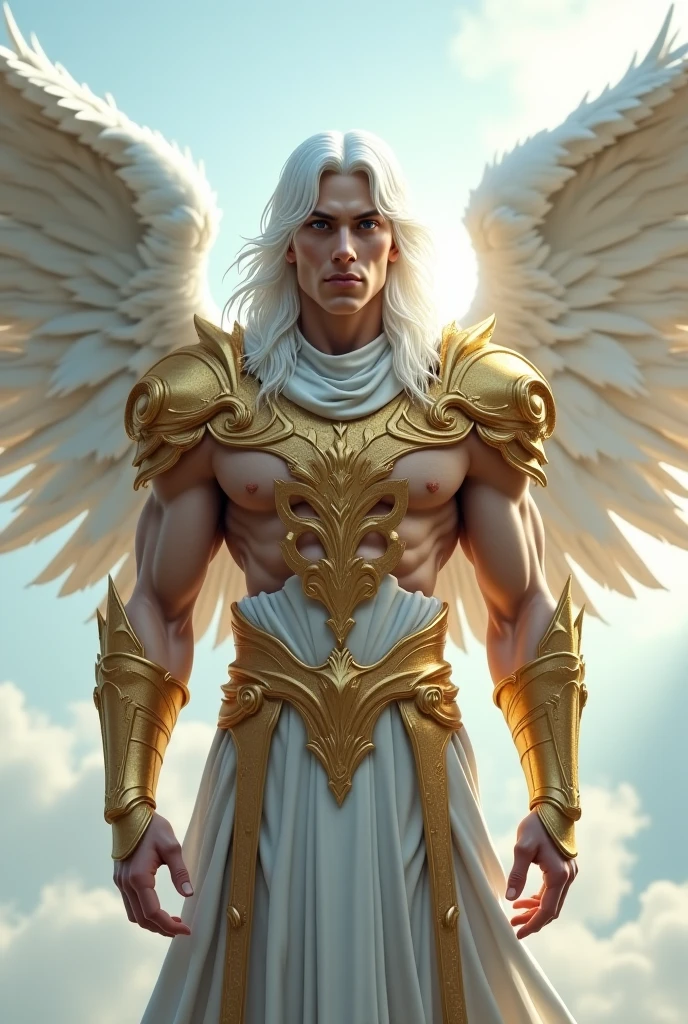 A full body shot of an angelic figure with large white wings - SeaArt AI