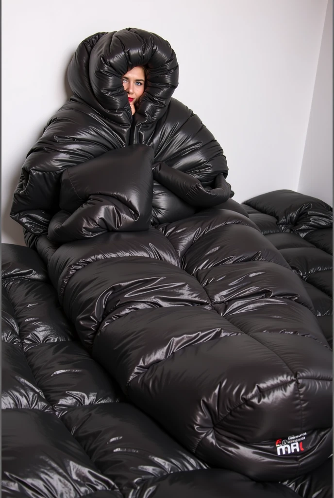 very vivd colors, 1 african girl , mummified whole body with tape, hands tied behind her back, huge breasts, She is gagged and the rubber tape is wrapped tightly around her head like a hood, covering her lips and chin and leaving her unable to speak, she is lying on a pile of latex pillows inside latex tent, she is looking to the camera, very sad , trying to struggle,