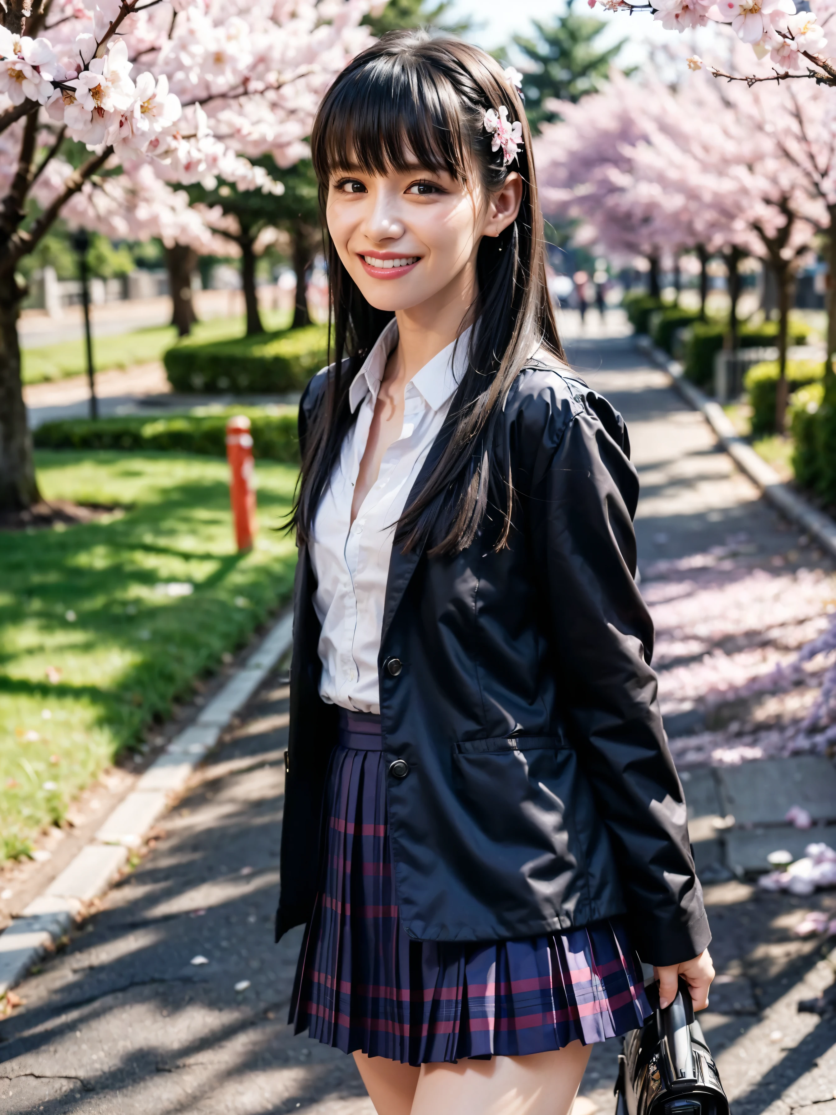 (The 8k quality, Ultra-high-resolution quality, Ultra high definition, Photorealistic, Best Quality):1.5, (masterpiece):1.4,
(camera angle from forward view, depiction of above the knees body):3.0,
(in the beautiful High school building with spring flowers, scene of Graduation ceremony, cherry blossom blizzard):4.0,
(depiction of taking a walk sakura street):10.0,
(beautifully shaped bewitching JK girl walking with waving):10.0,
(light purple Schoolgirl uniform, blue school jacket, dark red pleated skirt, (exposed , open-chest, open-shirt)):15.0,
(smiling, flushed cheeks, medium build, medium height, flat , small , exposed cleavage):5.0, (brunt bangs, long length straight hair, black color hair):6.0,