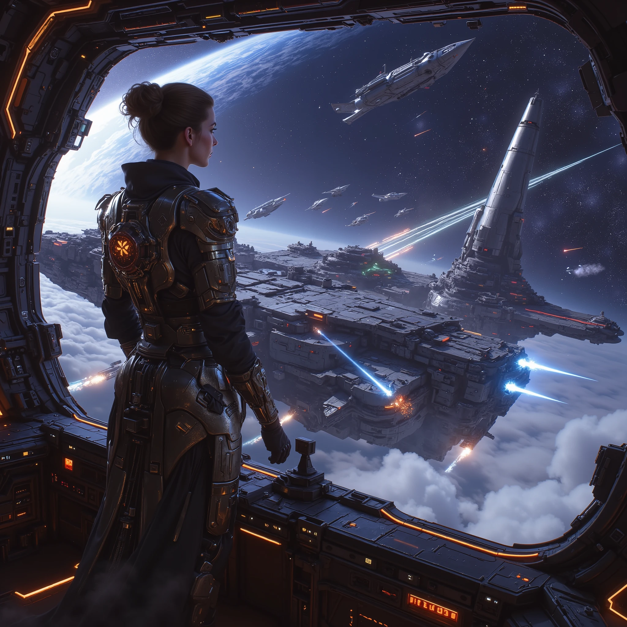 1 beautiful lady command, fleet battles with space battleships, flying laser guns, highly detailed, cinematic, epic scale, dramatic lighting, sci-fi, 8k, photorealistic, spacecraft carrier, battleship cruiser, laser cannon turrets, energy shields, stellar nebulae, atmospheric re-entry, volumetric clouds,metallicmaterials,precisetextures,dynamiccameraangle,technologicalartifacts,epictension,cinemagraphy, neon colored