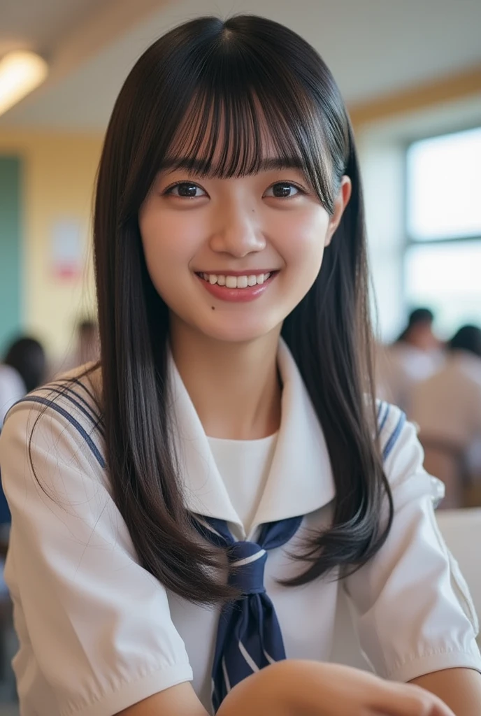 lens: 135mm f1.8, (highest quality),(RAW Photos), (Tabletop:1.1), (Beautiful 15 year old Japanese girl), Cute face, (Deeply chiseled face:0.7), (freckles:0.4), dappled sunlight, Dramatic lighting, (Japanese School Uniform), (In the classroom), shy, (Close-up shot:1.2), (smile),, (Sparkling eyes)、(sunlight)